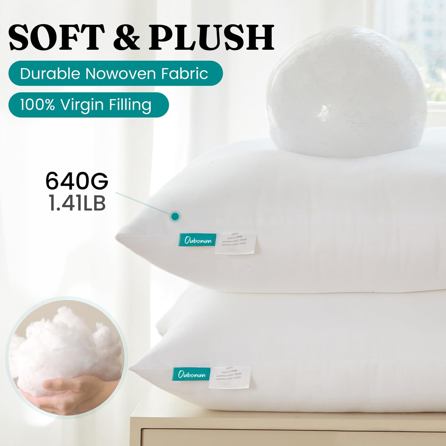 Oubonun 20 x 20 Throw Pillow Inserts - Soft, Plush & Decorative Down Alternative Pillows for Couch Sofa Bed, Machine Washable - White, Pack of 2