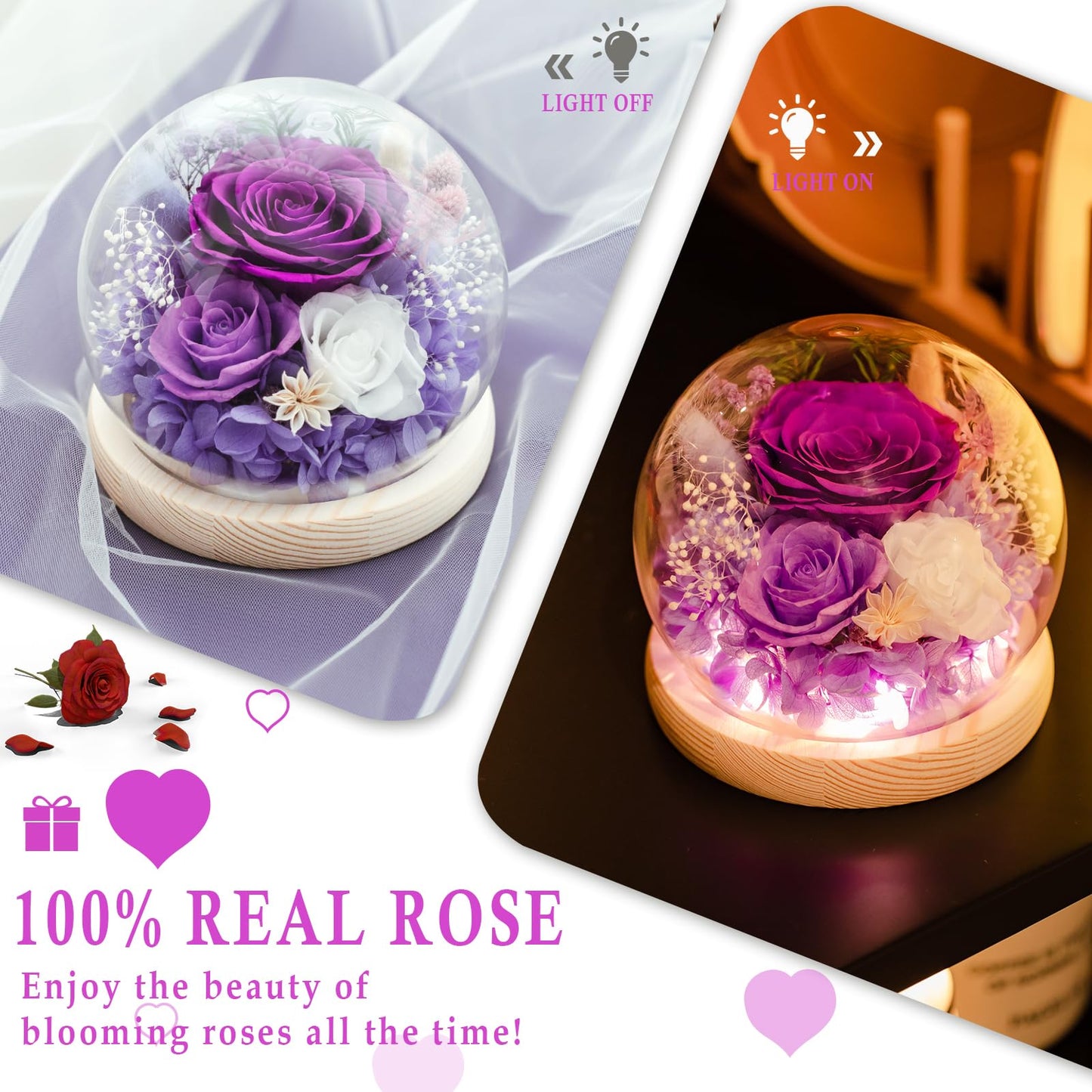 FIACO Gifts for Mom Mothers Day Women Birthday Preserved Flowers in Glass Dome Forever Fresh Flowers for Delivery Eternal Roses Gifts for Grandma Wife Daughter Friends