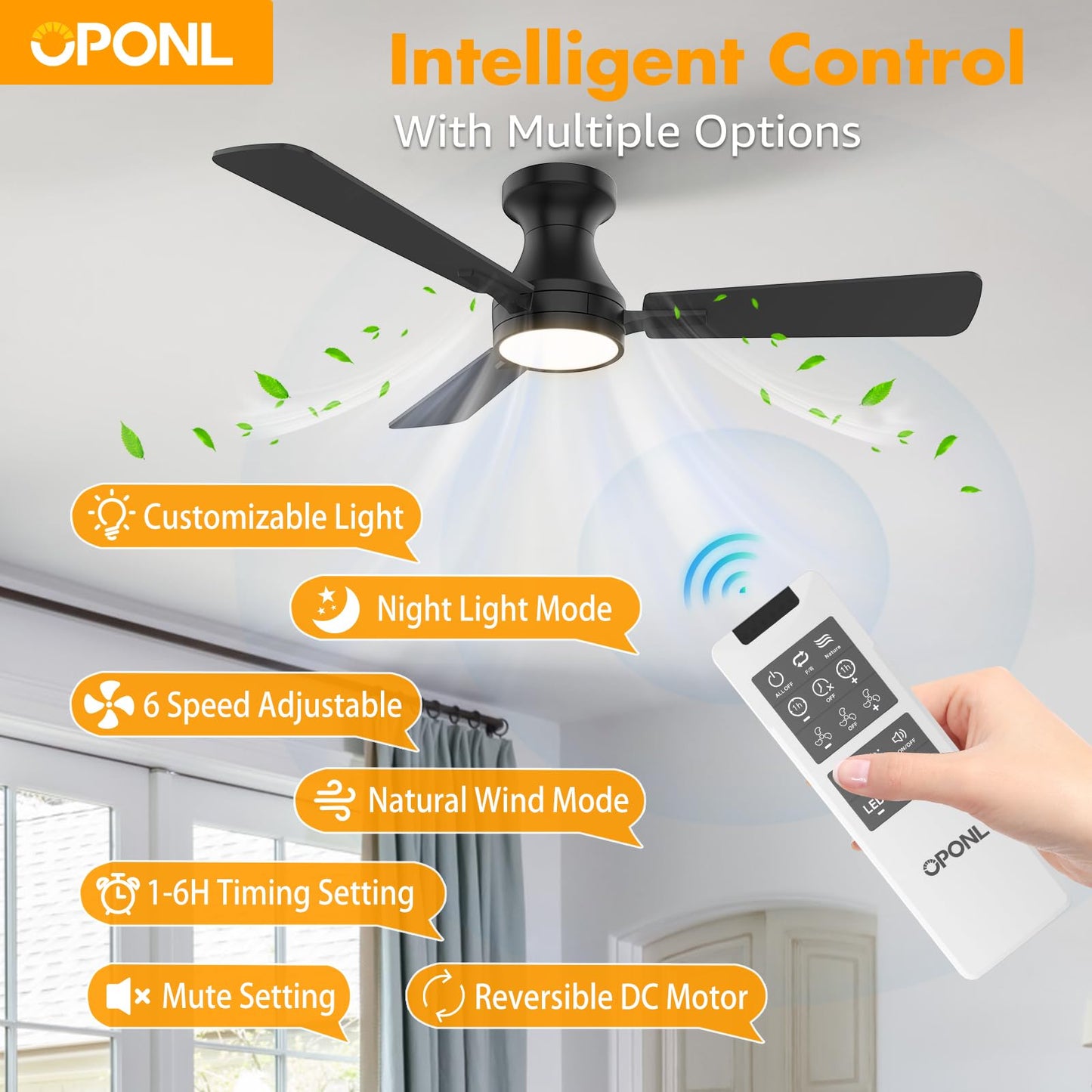 OPONL 42 Inch Black Ceiling Fan with Light, Remote Control, Noiseless, Reversible, 6CCT, Dimmable, Timeable, Metal Housing Ceiling Fans with Lights for Bedroom, Indoor/Outdoor Use