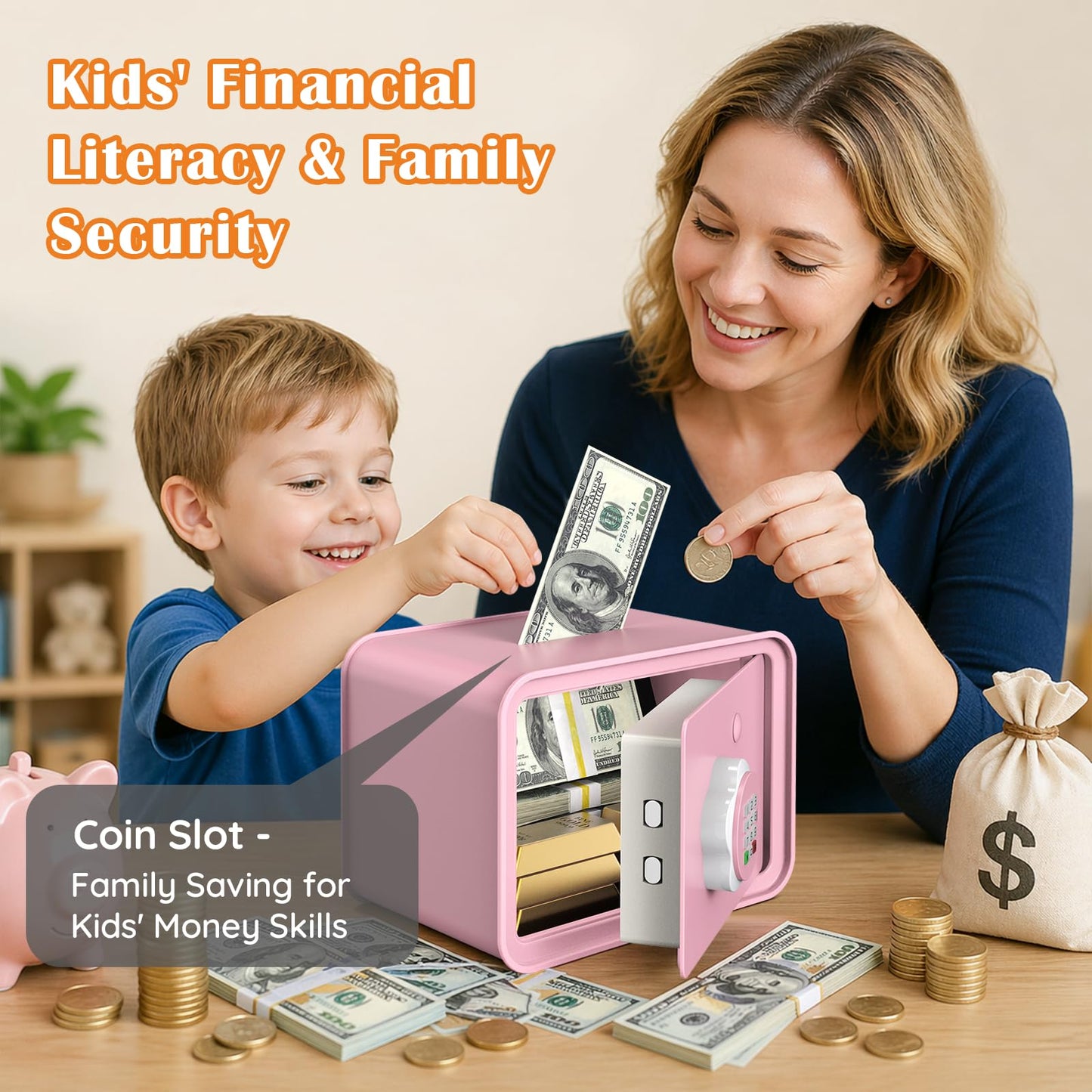 Mini Safe Box for Money Coin Cash-Piggy Bank for Kids, Electronic Small Safes for Boys Girls, Ideal Christmas Birthday Gift, DIY Stickers,Pink