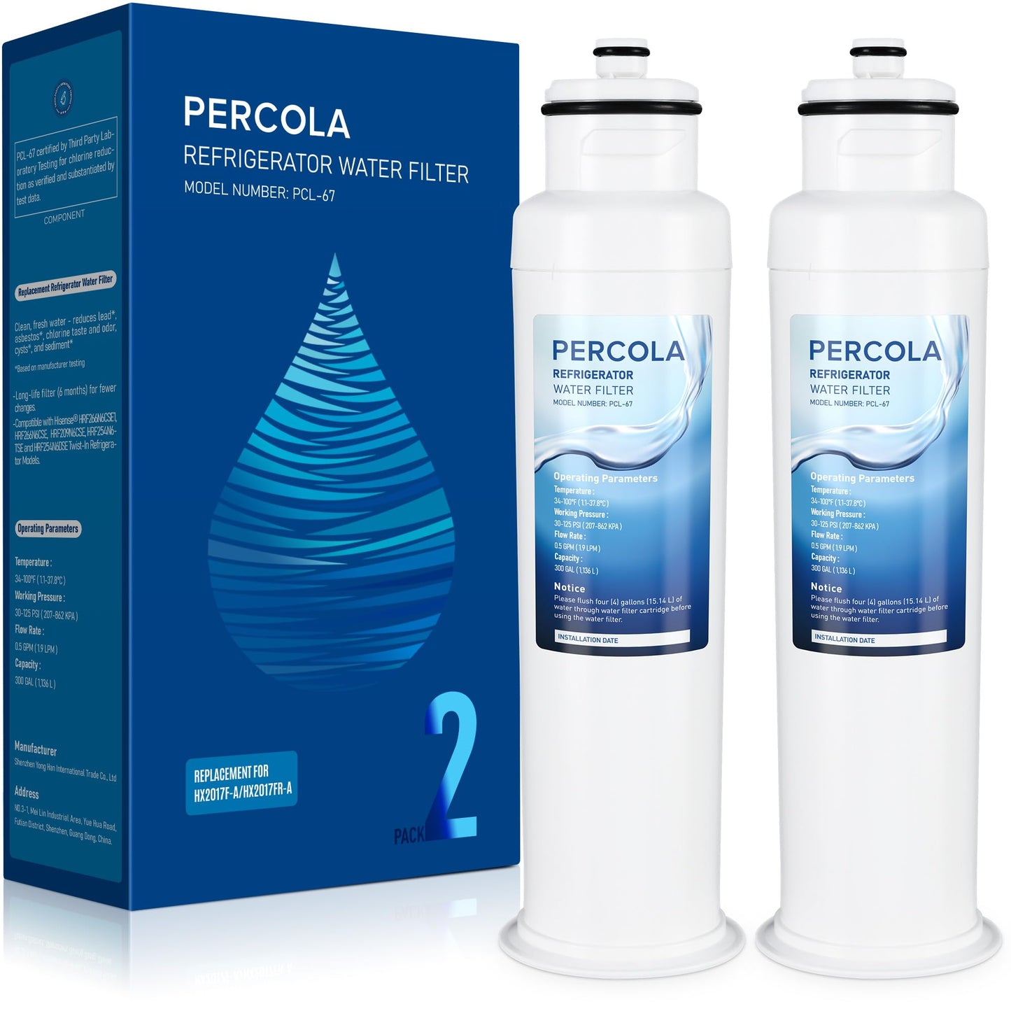 PERCOLA HX2017FR-A Water Filter, Compatible with Hisense HX2017F-A, HRF266N6CSE1, HRF266N6CSE, HRF209N6CSE, HRF254N6TSE, HRF254N6DSE, HRF210N6CBE, Mora MRF211N6CSE, MRF266N6CSE, 2 Pack