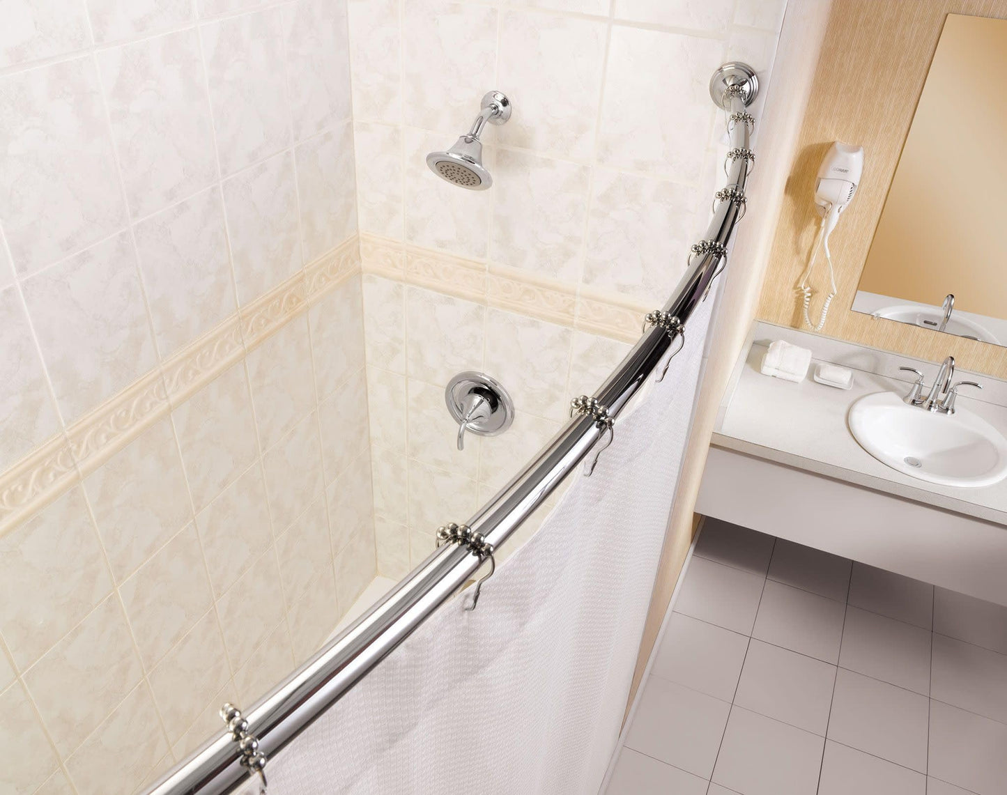 Moen Curved Adjustable Length Fixed Mount Single Shower Curtain Rod for Bathroom, Chrome Finish, CSR2160CH