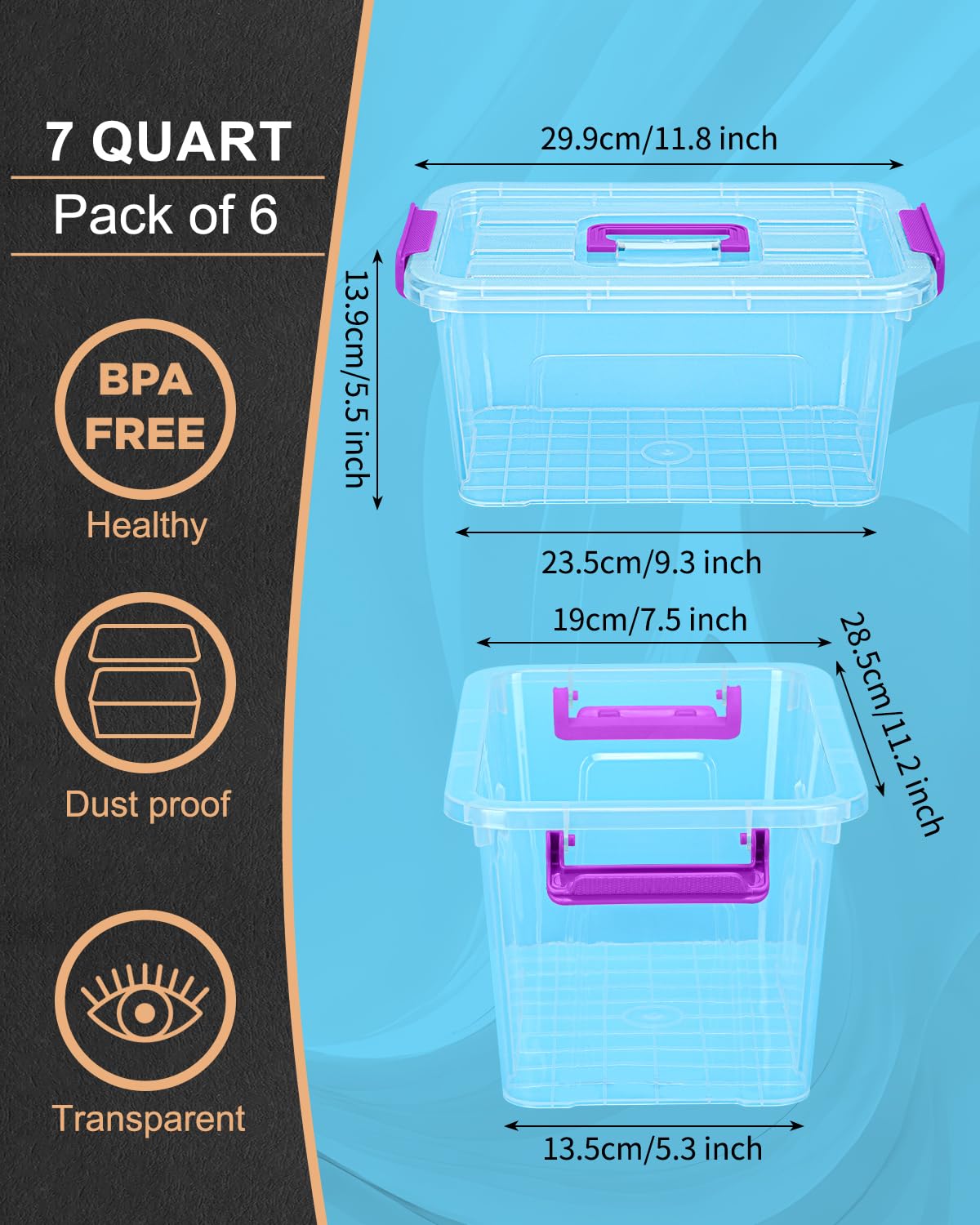 AREYZIN Plastic Storage Bins with Lids 6 Pack,7 Quart Stackable Storage Containers with Buckle Latches, Heavy Duty Clear Organizer Bins for Home Office Supplies, Craft & Toy Storage, BPA-Free,Purple