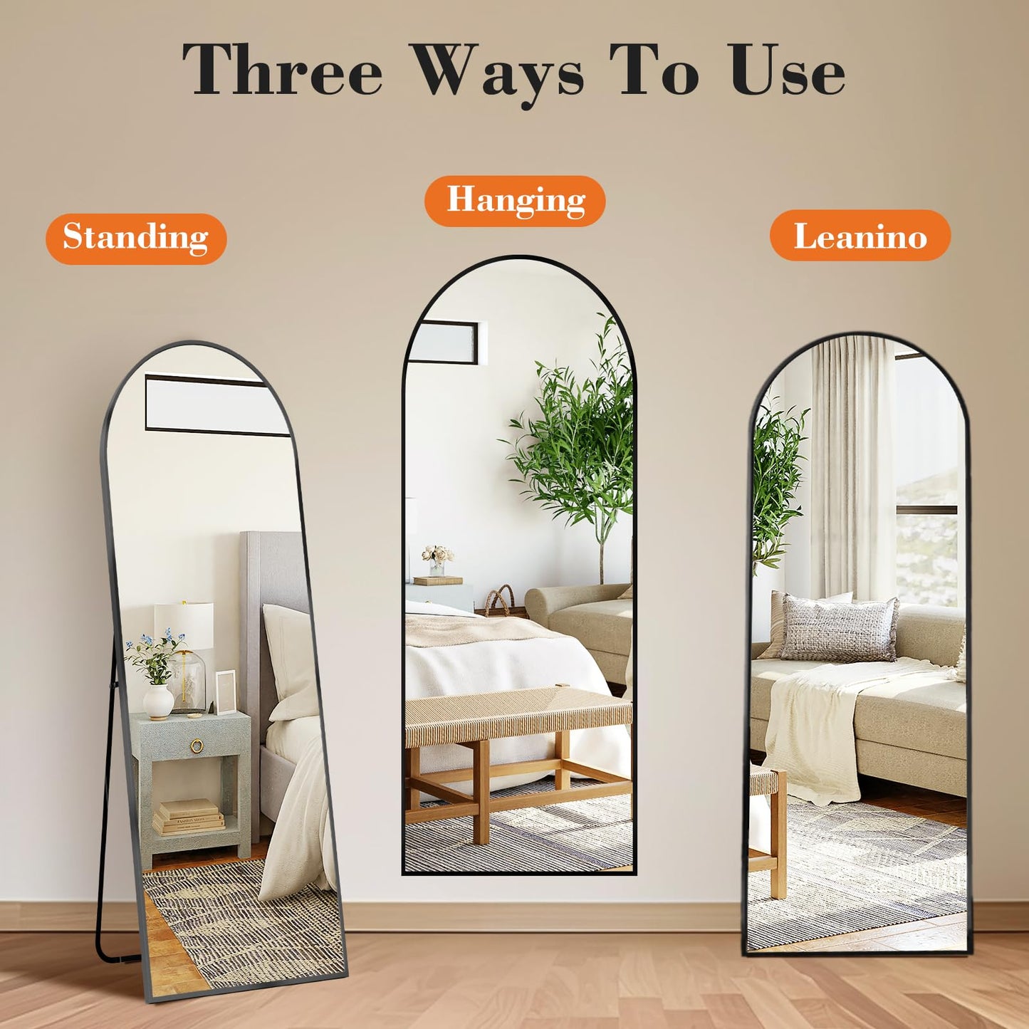OLIXIS Black Arched Full Length Mirror 60"x16" for Bedroom, Full Body Mirror with Stand, Hanging or Leaning for Wall, Aluminum Alloy Thin Frame Floor Standing for Living Room
