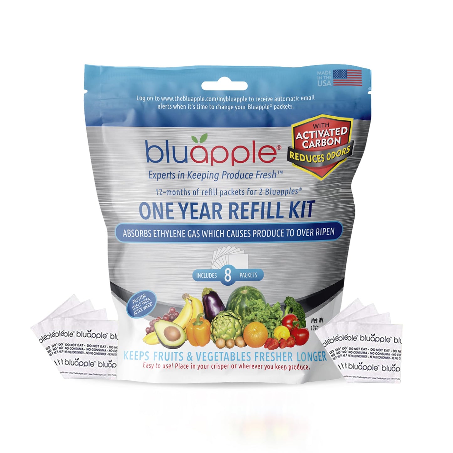 Bluapple Produce Saver Ethylene Gas Absorber with Activated Carbon, 1 Year Supply, Keeps Fresh Fruits & Vegetables Longer - Produce Saver for Kitchen - 8-Packets, 13g Total (Active Formula + Carbon)