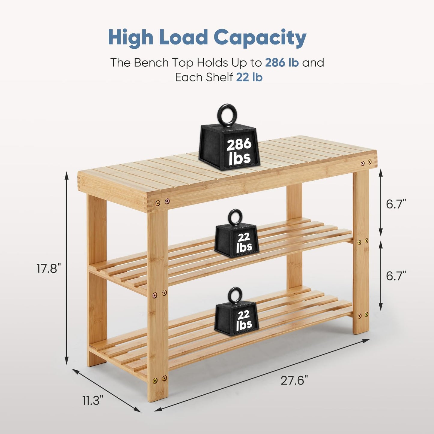 NEWBULIG Shoe Rack Bench, 3-Tier Bamboo Shoe Organizer, Wooden Entryway Storage Bench, 286 lb Load Capacity, 11.2x27.6x17.9 Inches, for Entryway Bathroom Bedroom Balcony, Wood