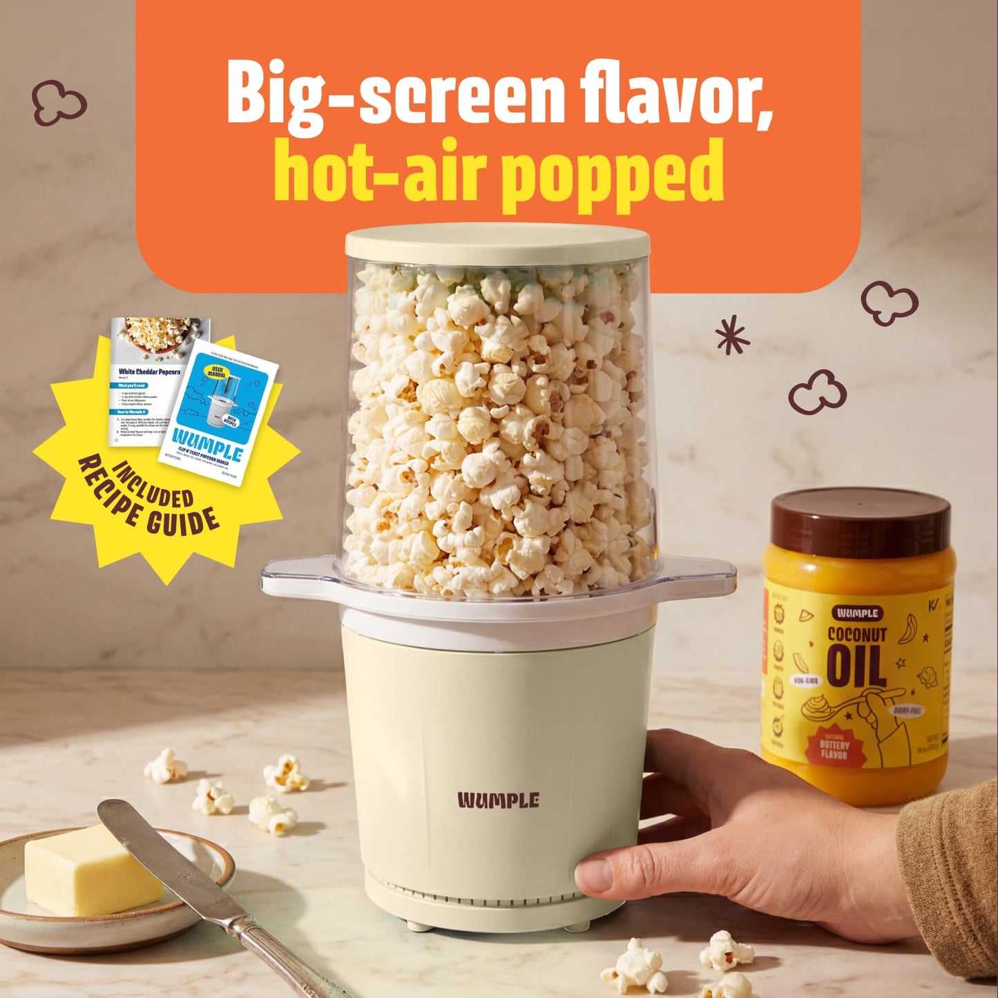 Wumple Air Popper Popcorn Machine - 10-Cup Air Pop Popcorn Maker with Measuring Cup - Hot Air Popped Oil-Free Compact Popcorn Popper - Movie Nights & Parties - Cream