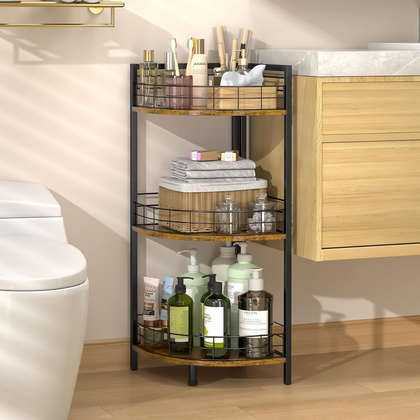 DAOUTIME Bathroom Standing Shelf, 3 Tier Corner Stand, Free-Standing Shelf Units, Triangular Curved Corner Shelf Stand for Small Space, Ideal for Bathroom,Kitchen,Vanity Storage and Organizer
