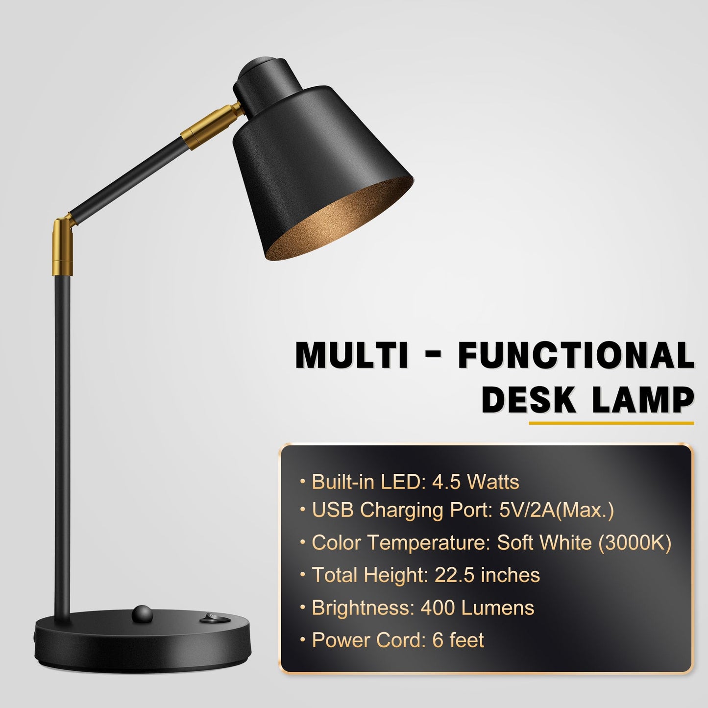 Anxingtools LED Desk Lamp with Dual USB Charging Ports, 100% Metal, 270° Swivel Arms, Soft White Light (3000K), Bedside Reading Lamp, Home Office Lamp (Black)