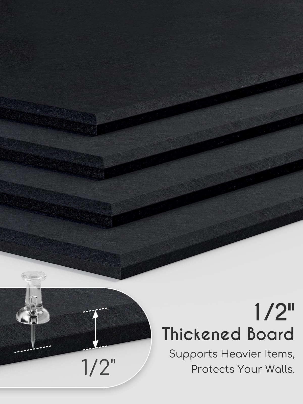 Lightomorrow 0.47" Thick Felt Pin Board Tiles, 15 Pack 11.8 x 11.8 in Custom Bulletin Board Layout, Cork Board Alternative with Adhesive & 30 Push Pins for Home Office Wall Setup, Black
