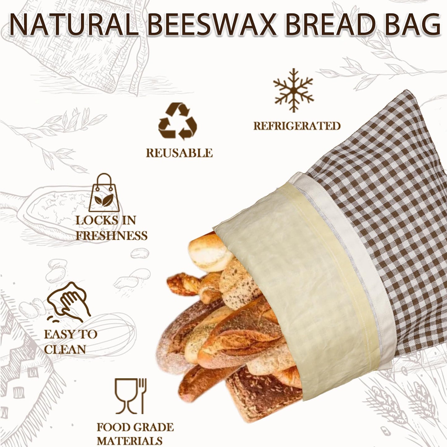 LURKA Beeswax Bread Bags, Reusable Cotton Linen Storage Bags for Sourdough, Extra Large, 2 Pack (B Style)