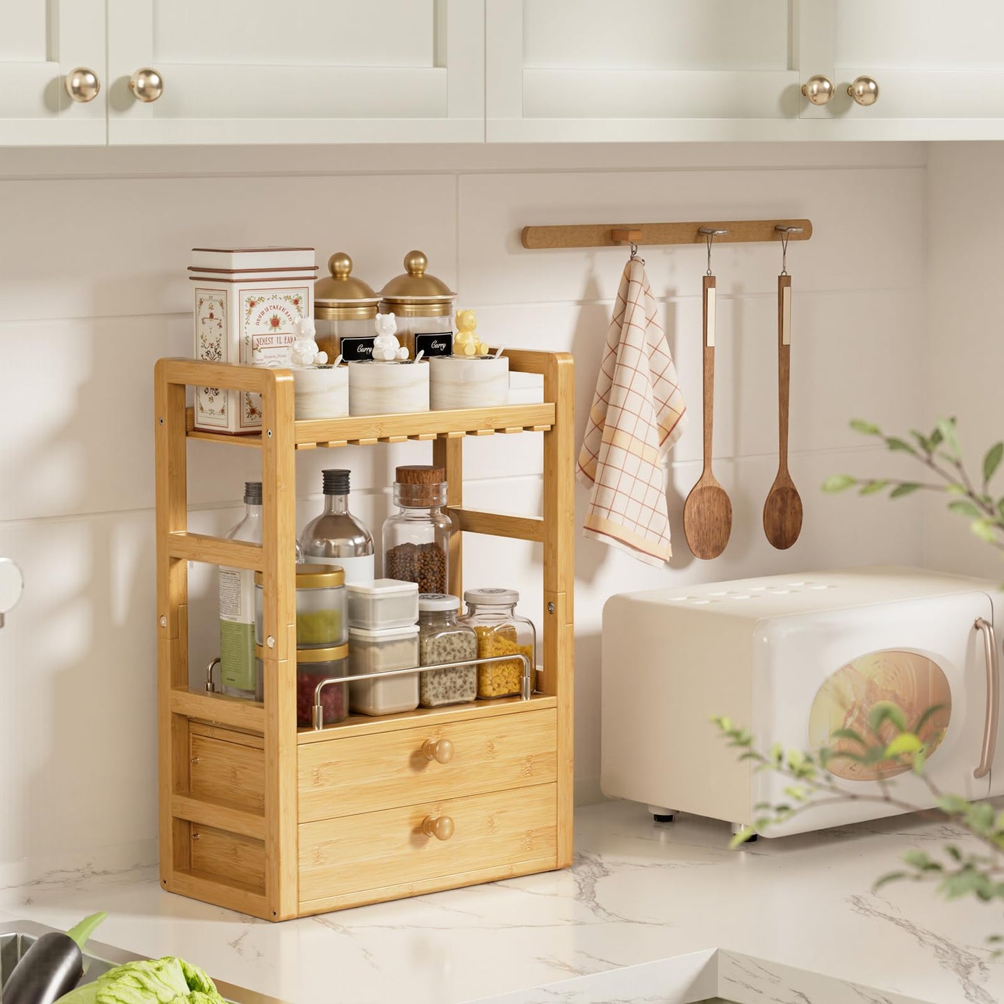 AmazerBath Bamboo Bathroom Countertop Organizer, 2-Tier Makeup Organizer with 2 Drawers, Vanity Organizer Storage Coffee Matcha Station, Compact Shelf for Bathroom Kitchen Office