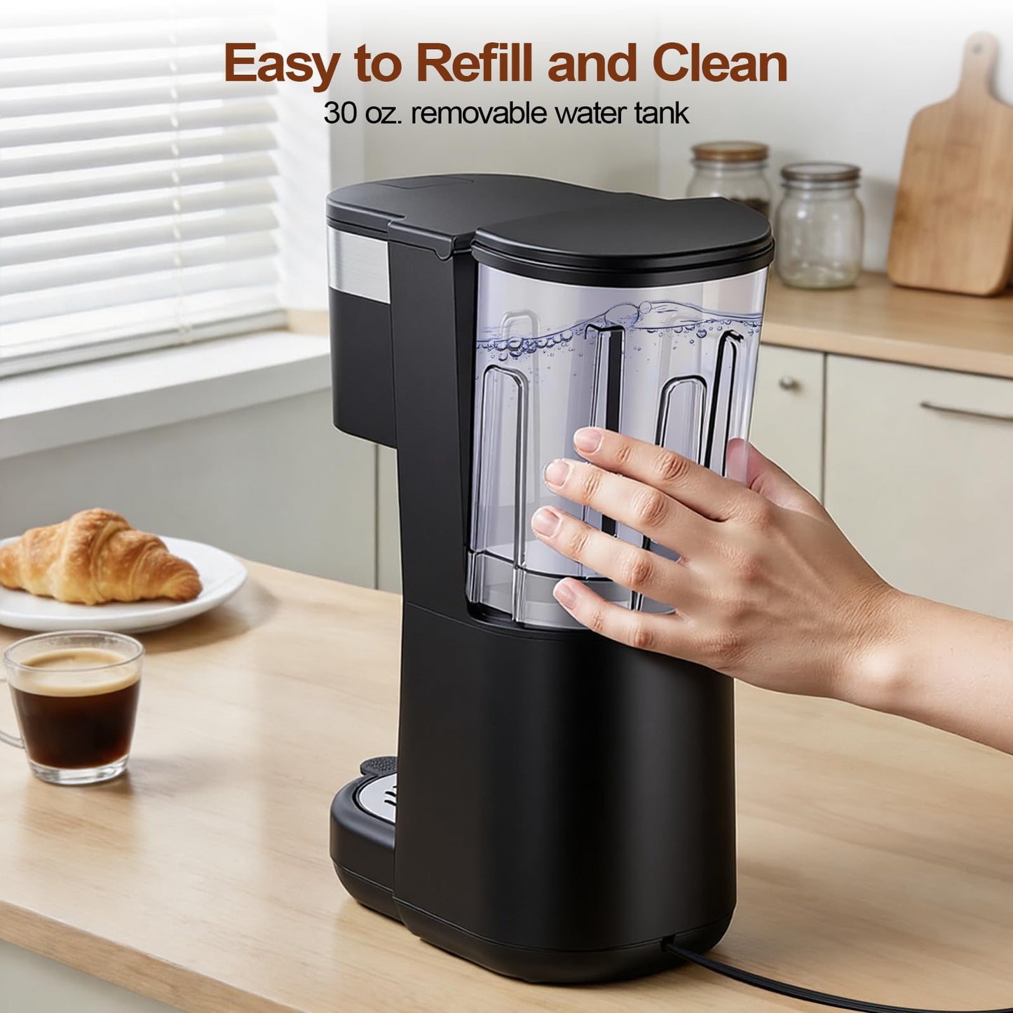 All-in-1 Single Serve Coffee Maker, Fit 7.8" Travel Mug, Hot & Iced K Cup Coffee Machine with 5 Brew Sizes, One Cup Coffee Maker with Descaling and Low Water Alert, 30oz Removable Reservoir, Black