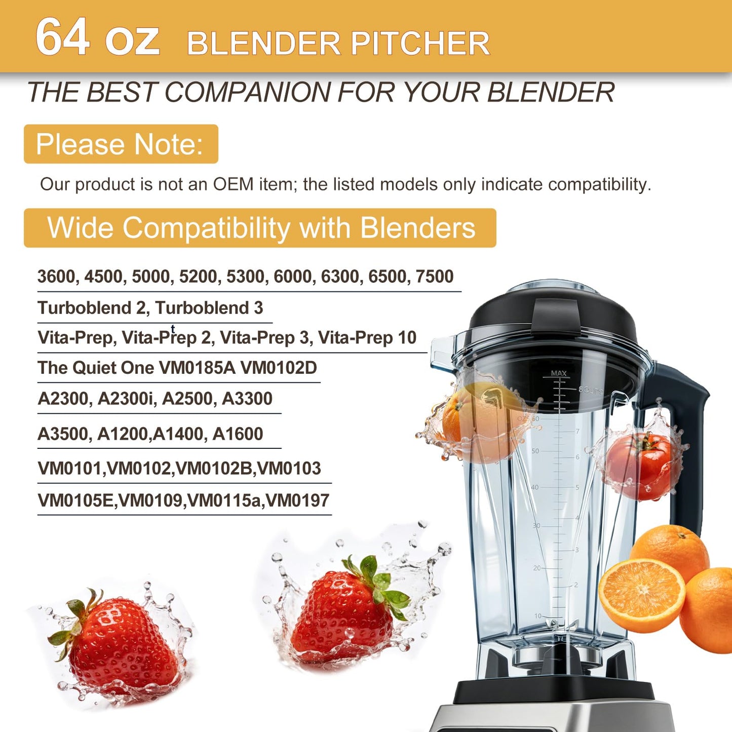 Blender Pitcher 64oz Replacement Container Compatible with Vitamix 5200, 5300, 6300, 7500, E310, VM0197, VM0101, VM0100, VM0103 Classic & Explorian Series 5-Year Warranty