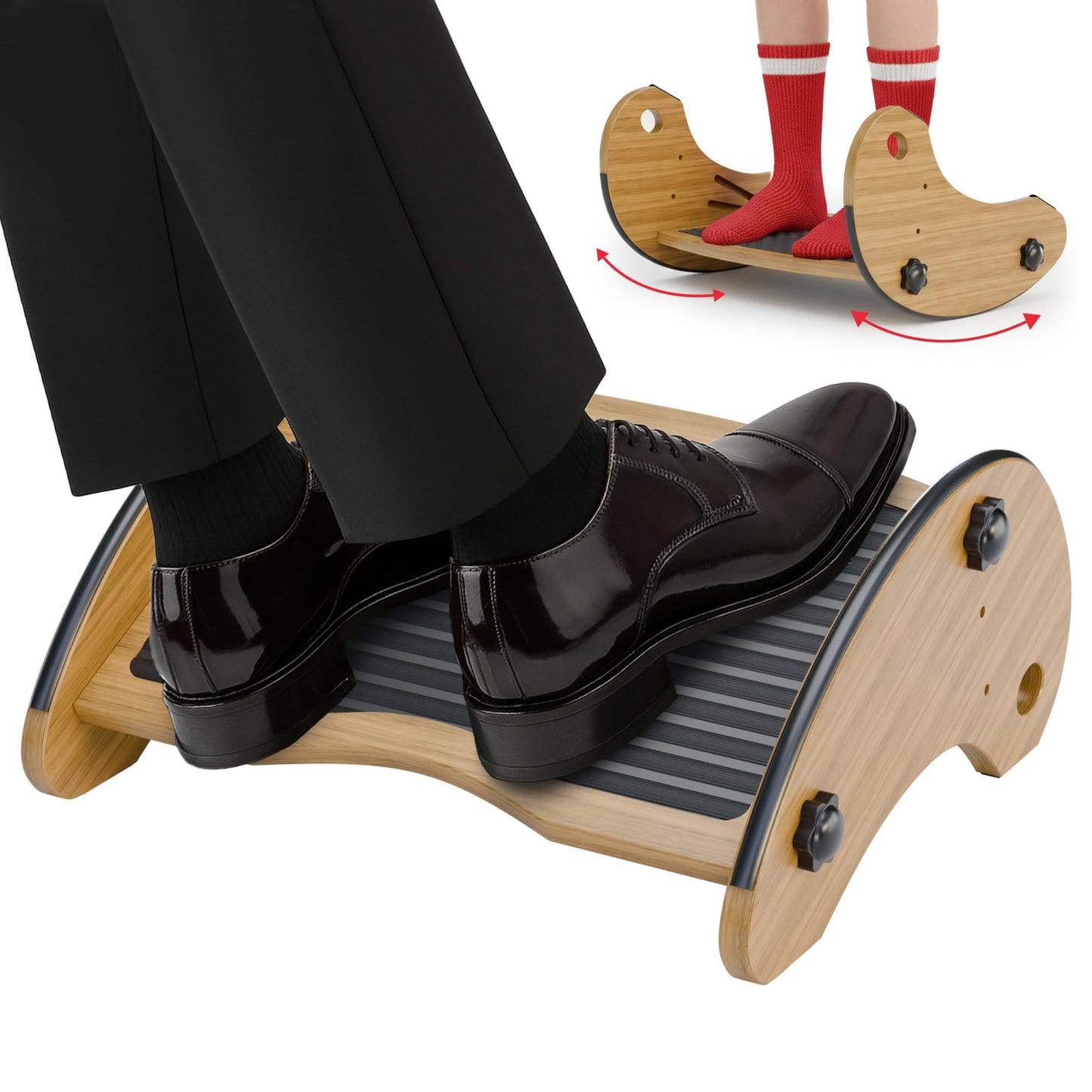Bamboo Foot Rest for Under Desk at Work, Adjustable Foot Stool, 2-in-1 Reversible Rocking Footrest, Static Leg Rest, 16in Wide Surface, Non-Slip Breathable Pad, Home Office Ergonomic Support at Work