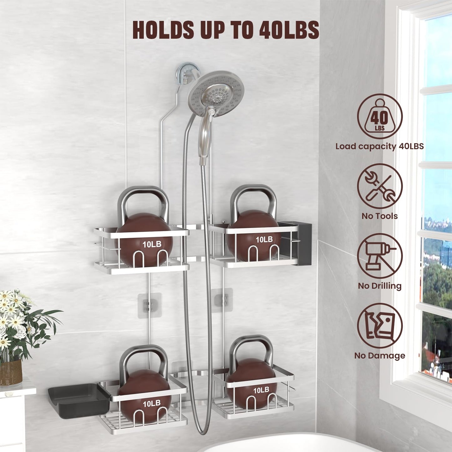 REINHARDT Adjustable Shower Caddy Hanging Rustproof Shower Caddy for Handheld Showerheads, Shower Organizer with Hooks Soap Holder, Anti-Swing Shower Rack Bathroom Accessories, Silver