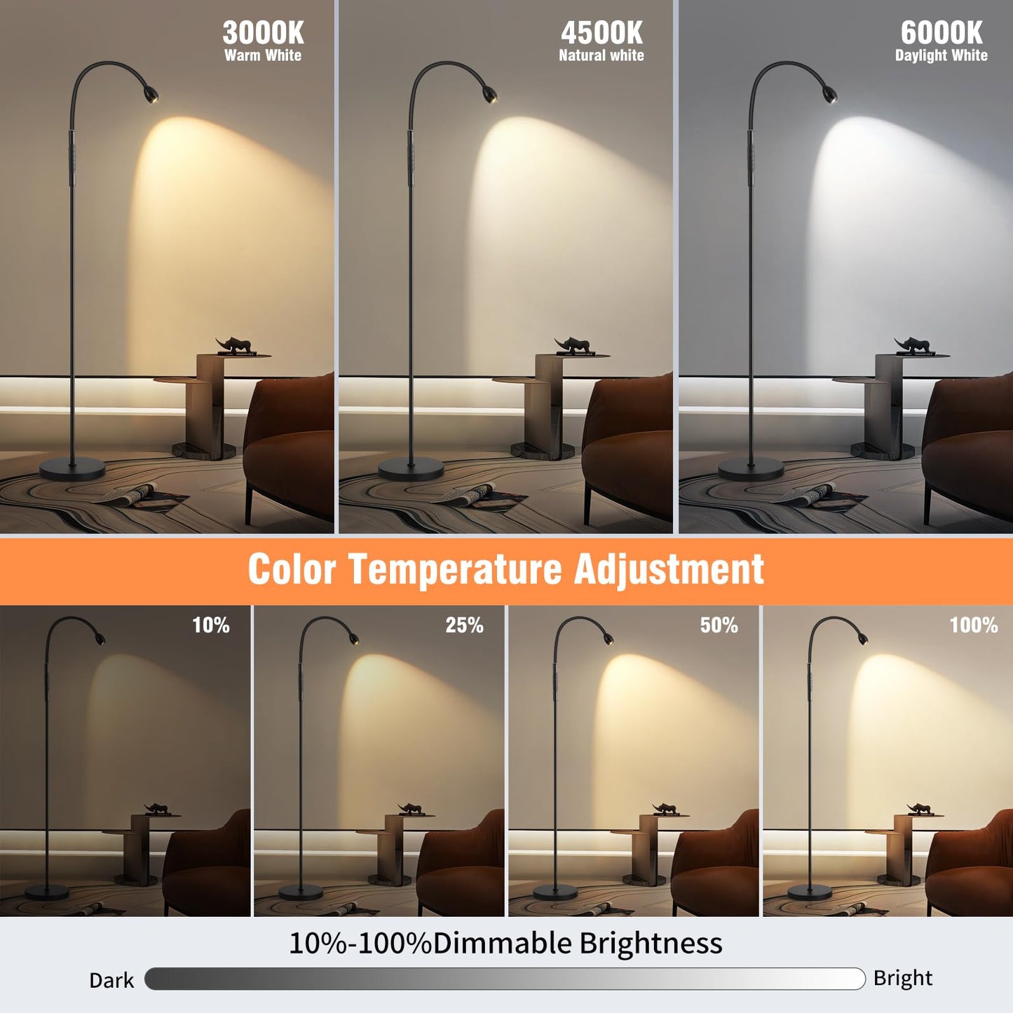 Powfloven LED Beam Reading Floor Lamp, 360° Adjustable Standing Floor Lamp with Flexible Gooseneck, Timer and Zoomable Spotlight, Black Task Bright Lights with Remote for Living Room, Bedroom