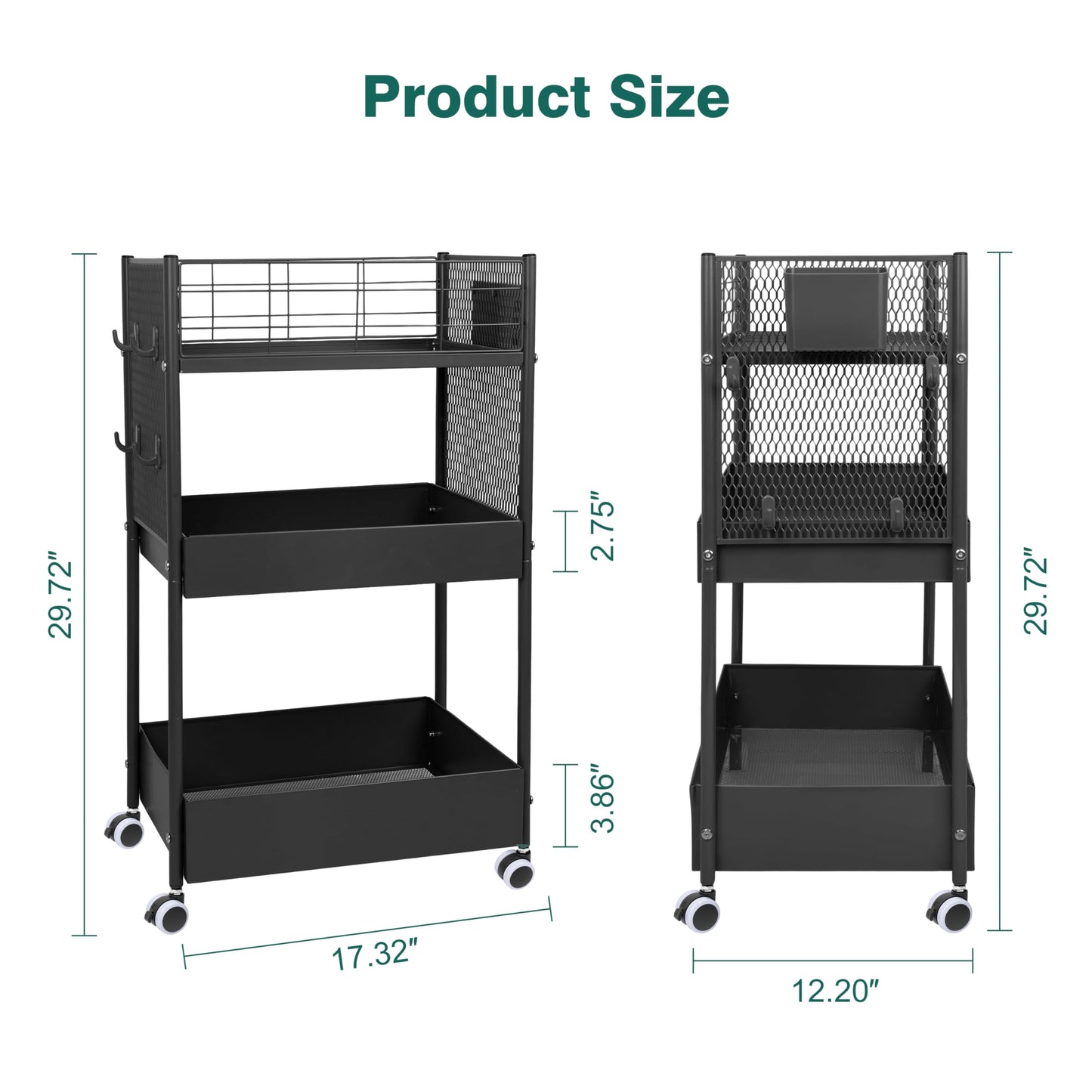3-Tier Rolling Storage Cart Metal Utility Cart with Wheels, Office Organizer with Hanging Cups, Hooks, Book Snack Craft Mobile Shelving Unit for Office Kitchen Nursery