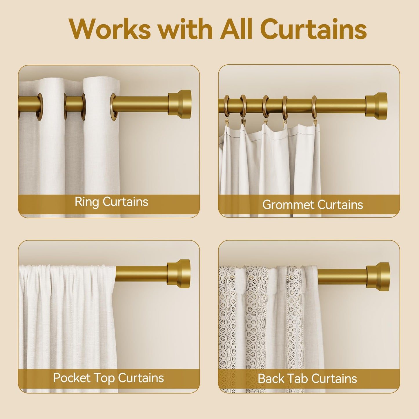 YaFex Curtain Rods 2 Pack 32-118 Inch, Heavy Duty 1 Inch Curtain Rod, Gold Long Adjustable Window Treatment Rods,Modern Design, Easy Installation