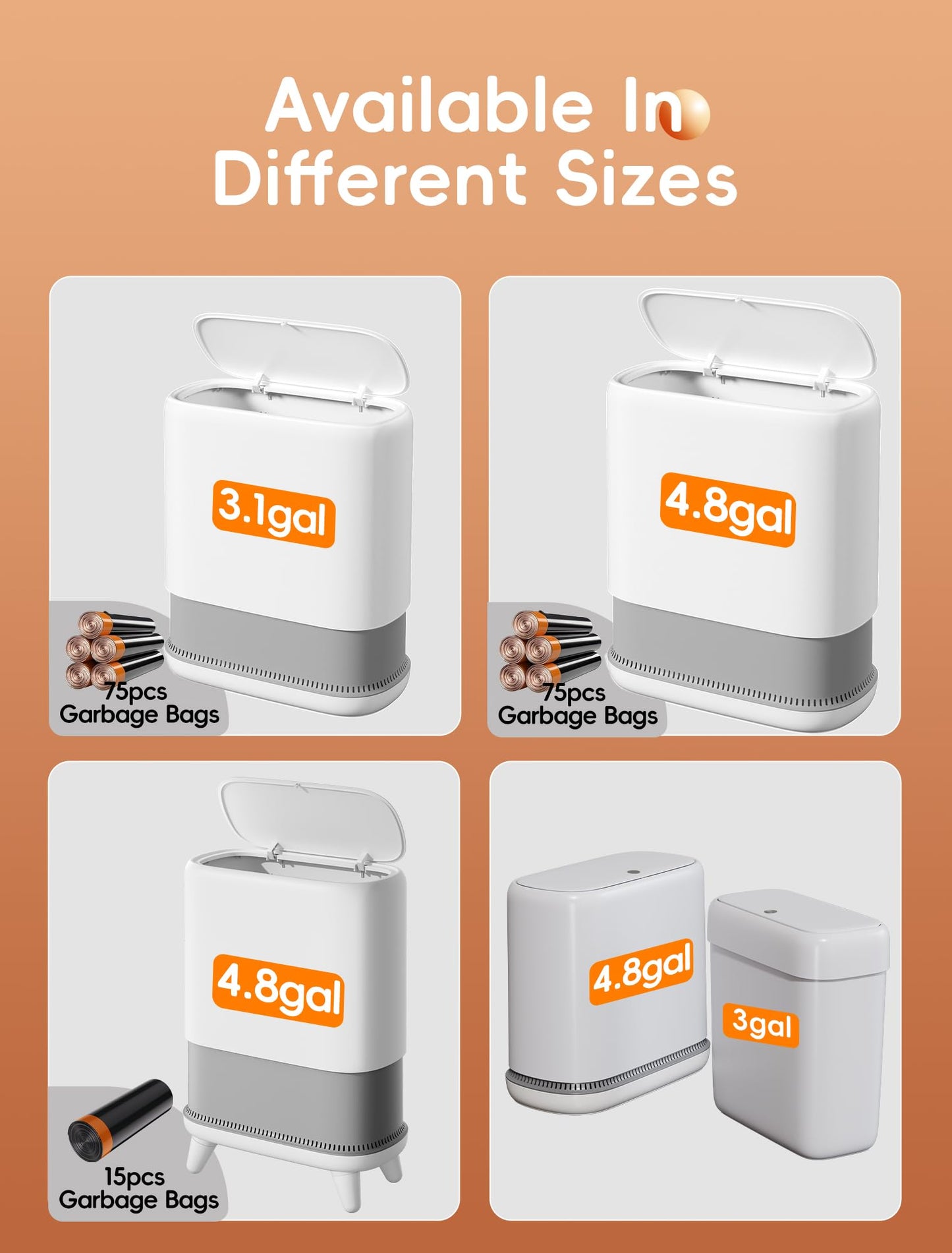 LEGUO Dog Proof Small Bathroom Trash Can with Lid, Slim Press Top Garbage Can, Narrow White Plastic Waste Basket, for Bathroom Bedroom Office 2 Pack Set with 4.8 Gal and 3 Gal