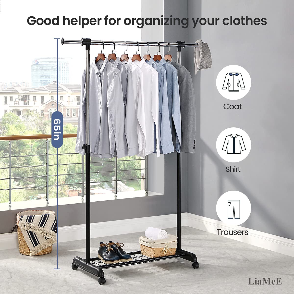 LiaMeE Adjustable Clothing Rack for Hanging Clothes, Heavy Duty Garment Rack with Wheels，Free Standing Rolling Clothes Rack with Shelf & Grid, Easy Assembly Standard Rod, Black & Chrome