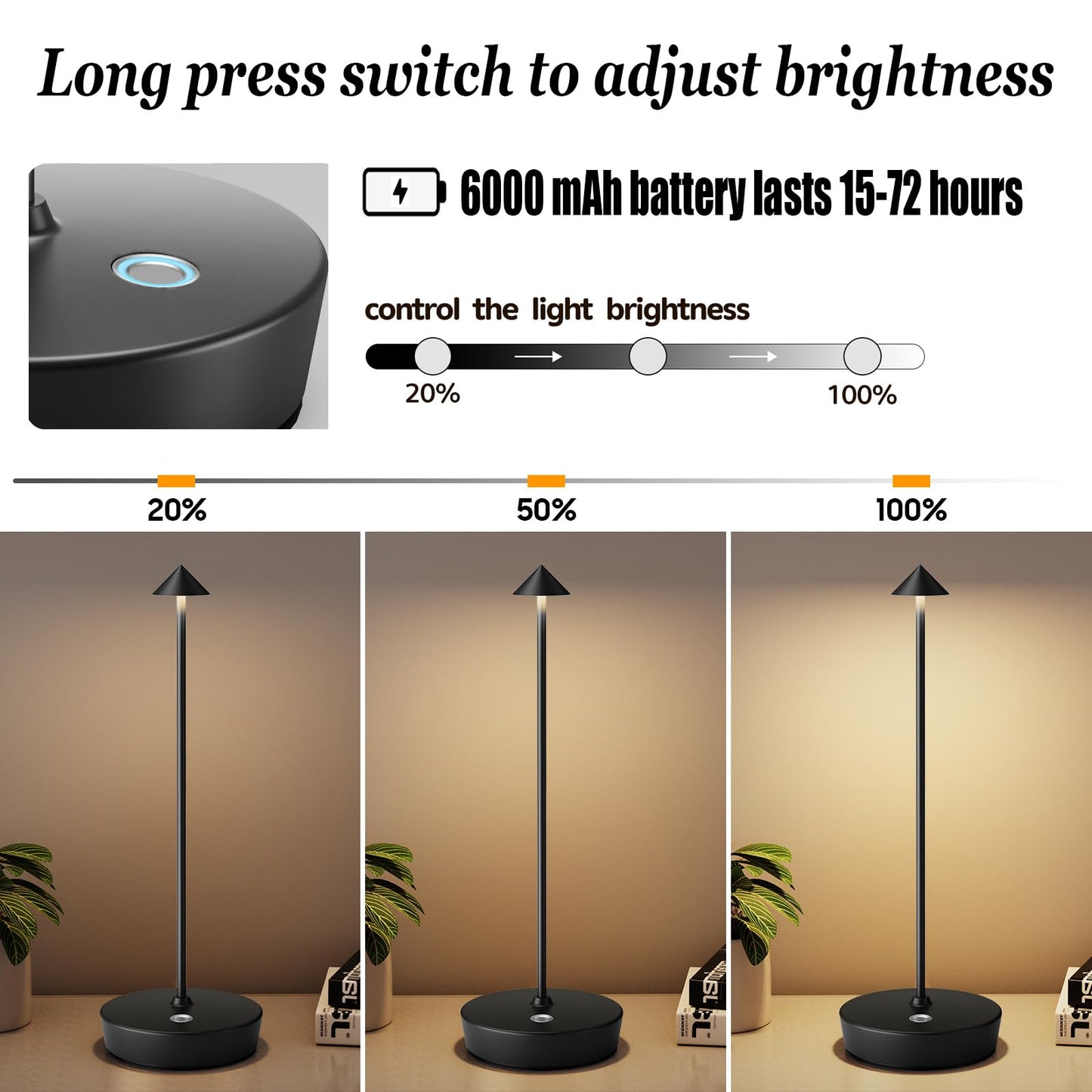 YIBEN Rechargeable Cordless Table Lamp, Portable Powered LED Battery 6000mAh Metal USB Desk Lamp, 3 Levels Brightness Light for Restaurants Outdoor (Black)