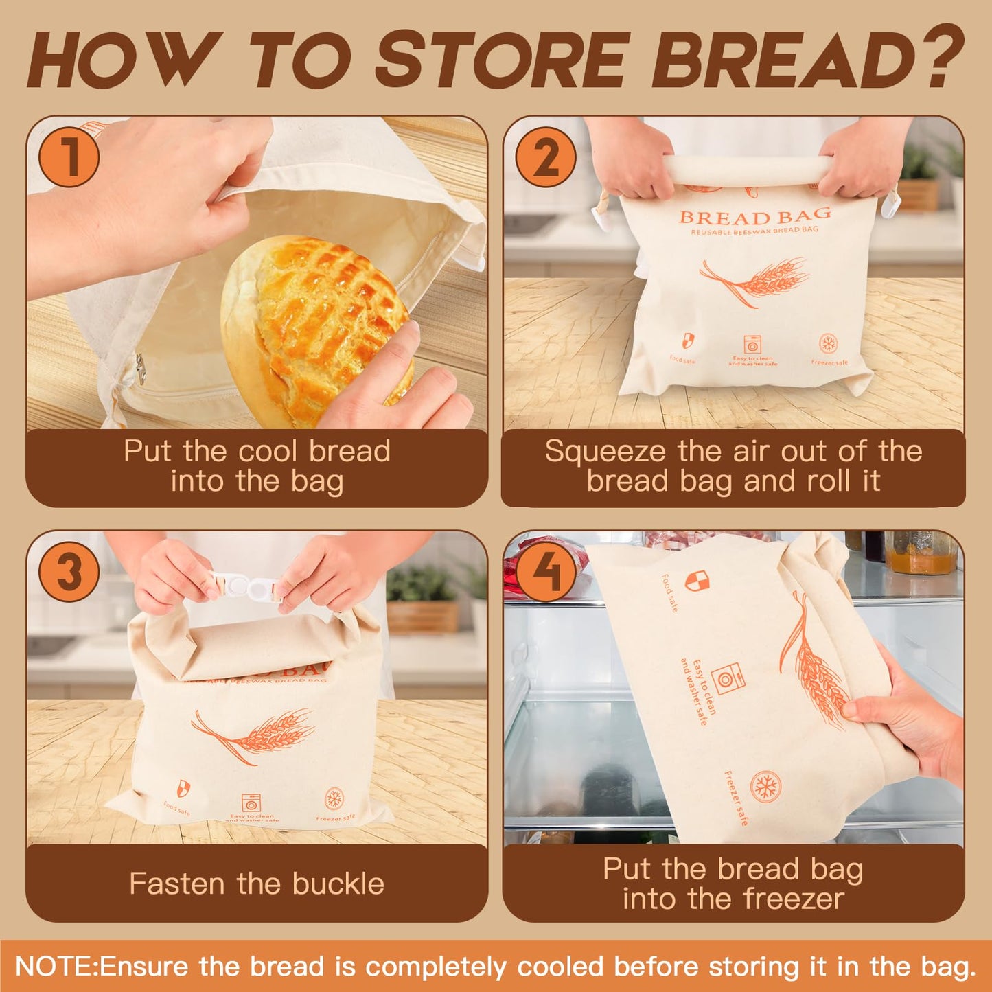 HOYEEFOU 2-Pack Reusable Beeswax Bread Bags for Homemade Bread & Sourdough,Eco-Friendly Bread Storage with Zipper Seal, Freshness Keeping & Freezer Safe, 17"x13" Linen Bags, Bakery Essentials