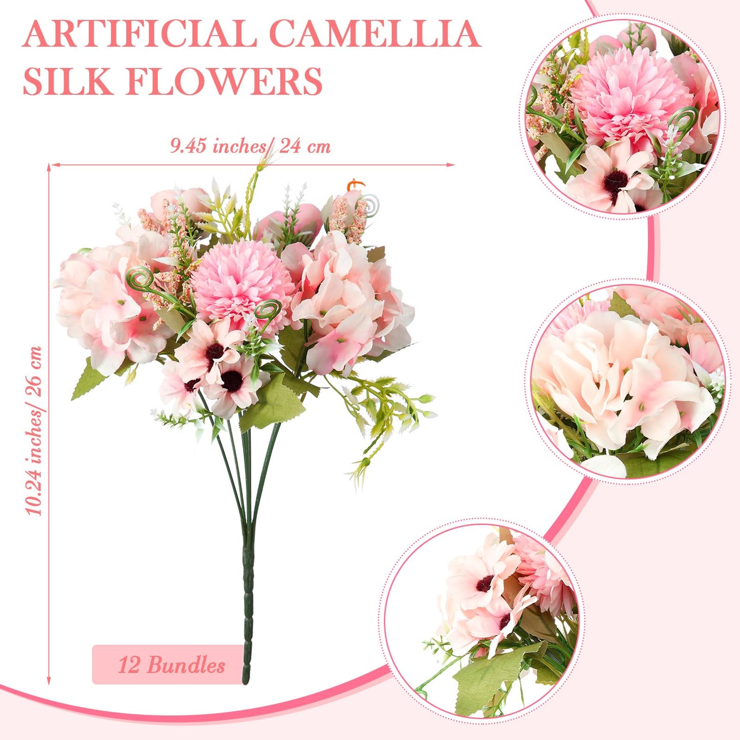 Tigeen Peonies Artificial Flowers Faux Roses Silk Flowers Hydrangea Artificial Bouquet for Wedding Table Centerpiece Floral Vase Home Office Bridal Decor(Pink,12 Bundles)