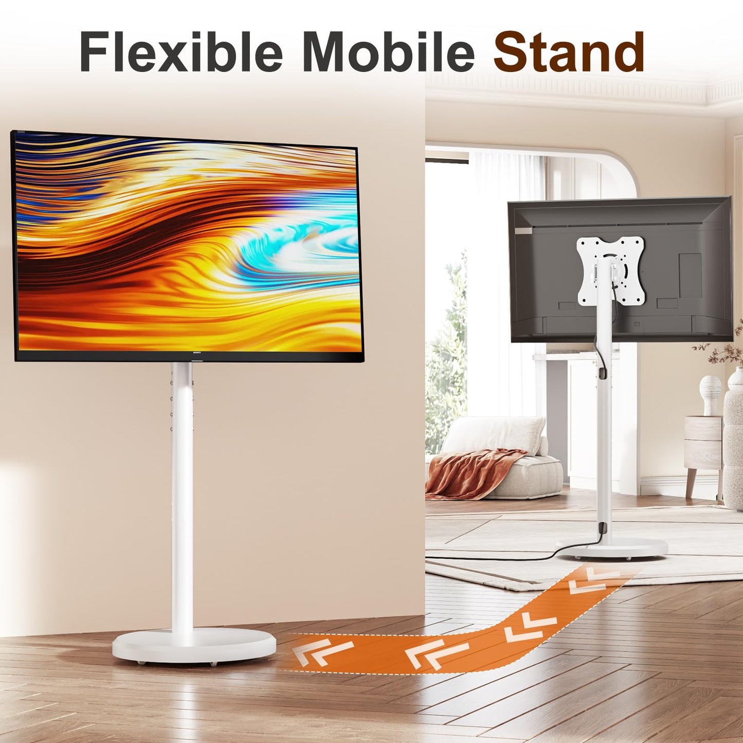 Hovadova Mobile TV Cart Rolling TV Stand for 10-46 Inch Flat/Curved Screen Up to 88lbs, Height Adjustable Portable TV Cart with Tilting and Rotating, TV Stand with Wheels, Max VESA 200x200mm (White)