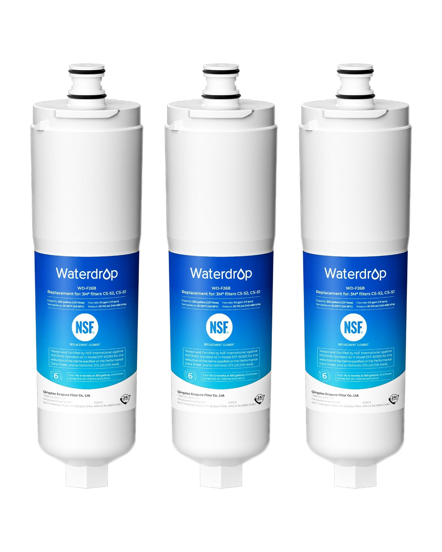 Waterdrop CS-52 Refrigerator Water Filter, Replacement for Bosch® 640565, Whirlpool® WHKF-R-PLUS, EVOLFLTR10, 3M® Cuno CS-52, CS-51, W1085590, 51000, WD-F26B, 3 Filters