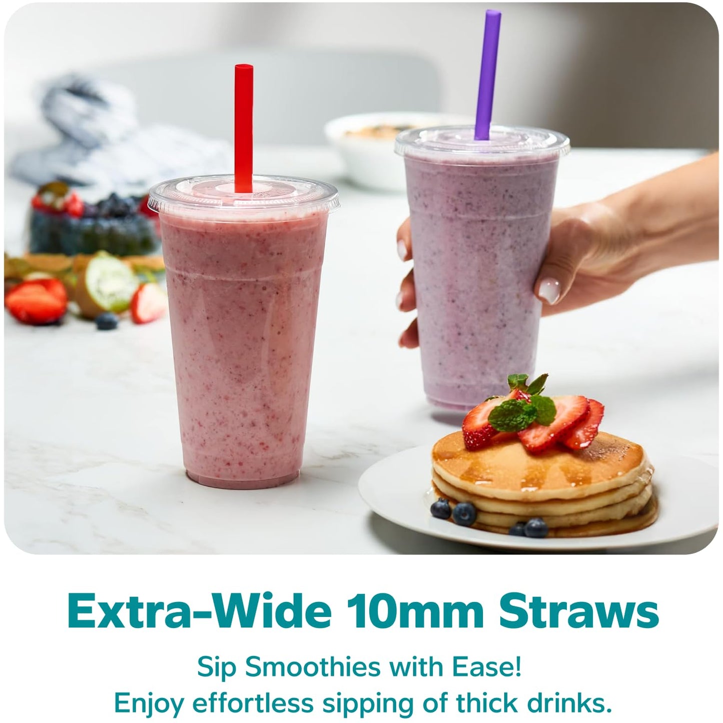 GUSTO [24 oz. - 100 Count Clear Cups with Flat Lids & Straws - Disposable Clear Drinking Cups for Iced Coffee, Cold Drinks, Milkshakes, and Smoothies - Formerly Comfy Package