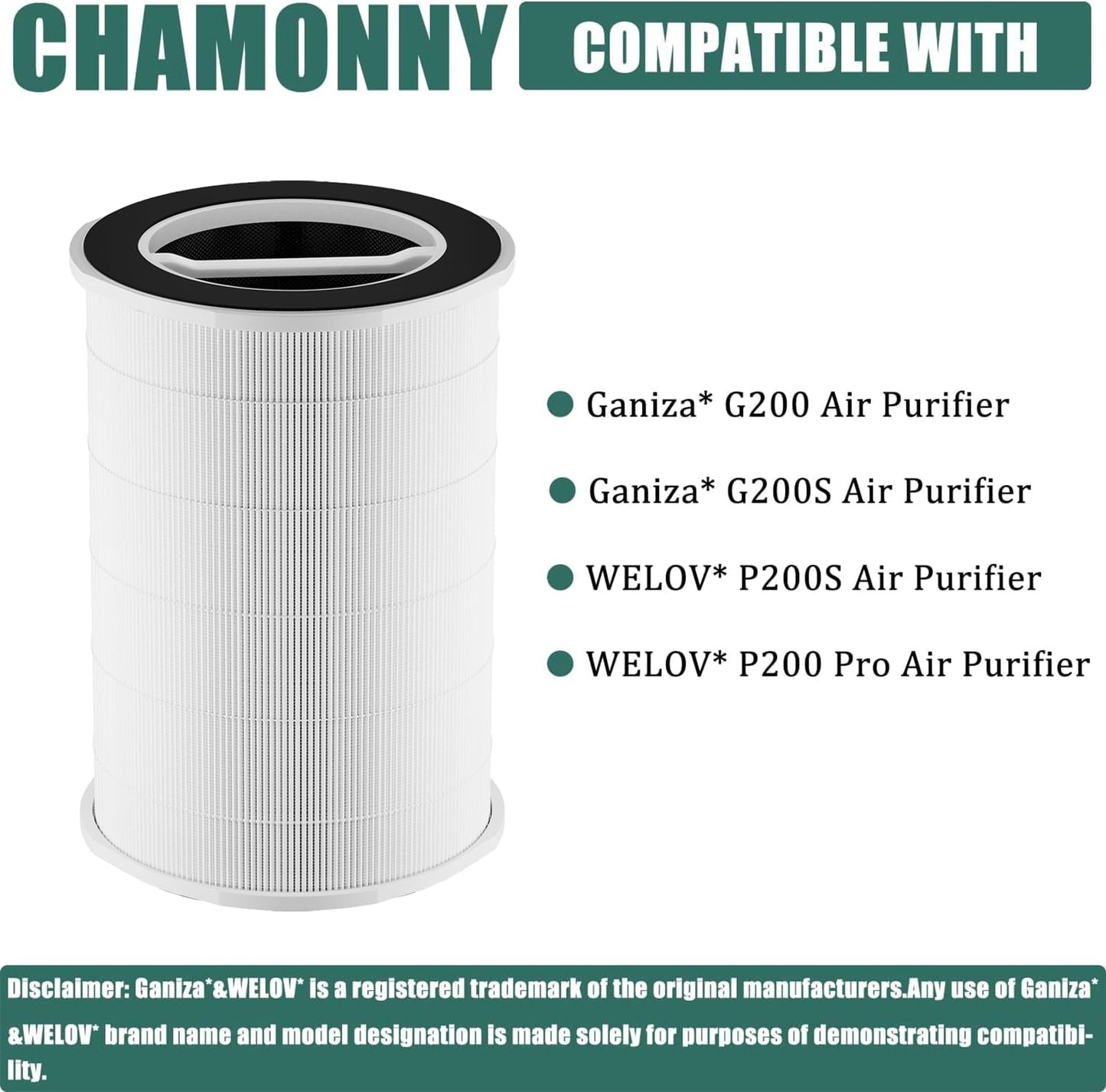 CHAMONNY P200S/G200S Filter Replcement, Compatible with G200S/G200 and P200S/P200 Pro Air Purifier, 2 Pack