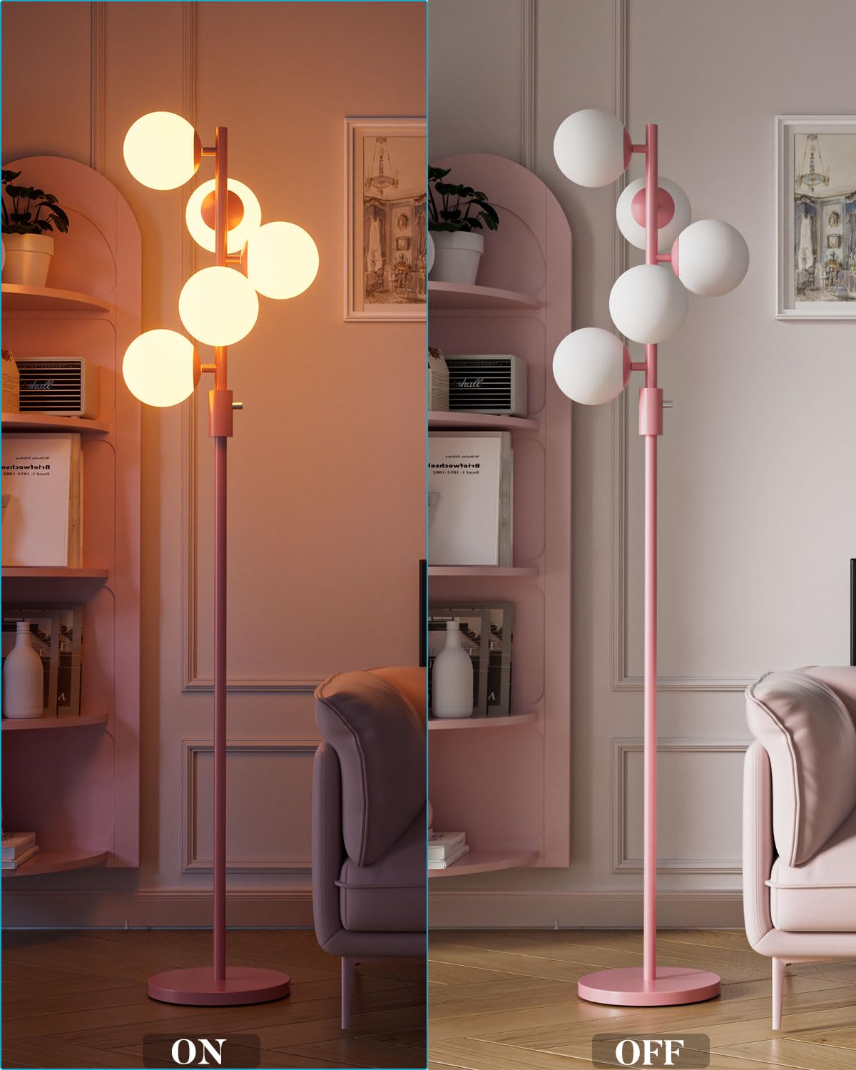 ACOHOOK 64IN Dimmable Pink Floor Lamp, Tall Standing Lamps with 5 Globe Soft Warm White Eye Care 3000K G9 Bulbs, Mid Century Modern Floor Lamp with 5Lbs Heavy Base for Living Room Bedroom Office