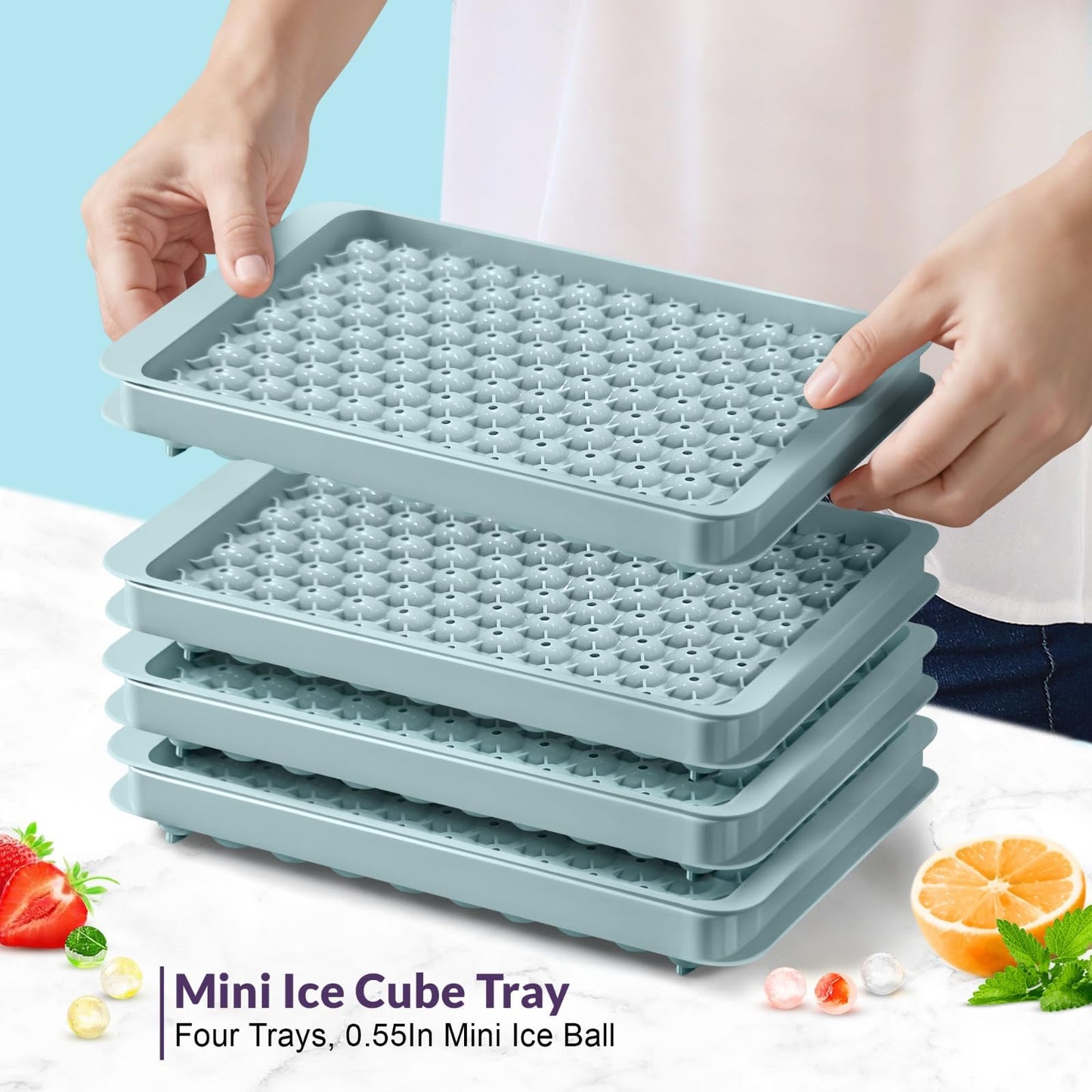 0.55in Mini Ice Cube Trays - Plastic Tiny Pebble Ice for Iced Coffee & Cocktails - Fast Chill, Easy Twist Release - Stackable with Lid, Storage Bin, Tongs, 2 Straws (4 pack, Blue)