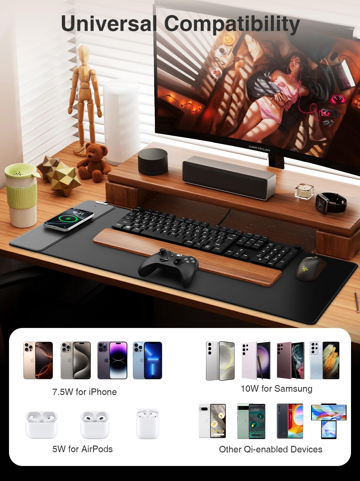 2-in-1 Mouse Pad with Magnetic Wireless Charging for Phone, 31.5"x15.8" Large, Waterproof Smooth Surface, Non-Slip Base, No Adapter, Black
