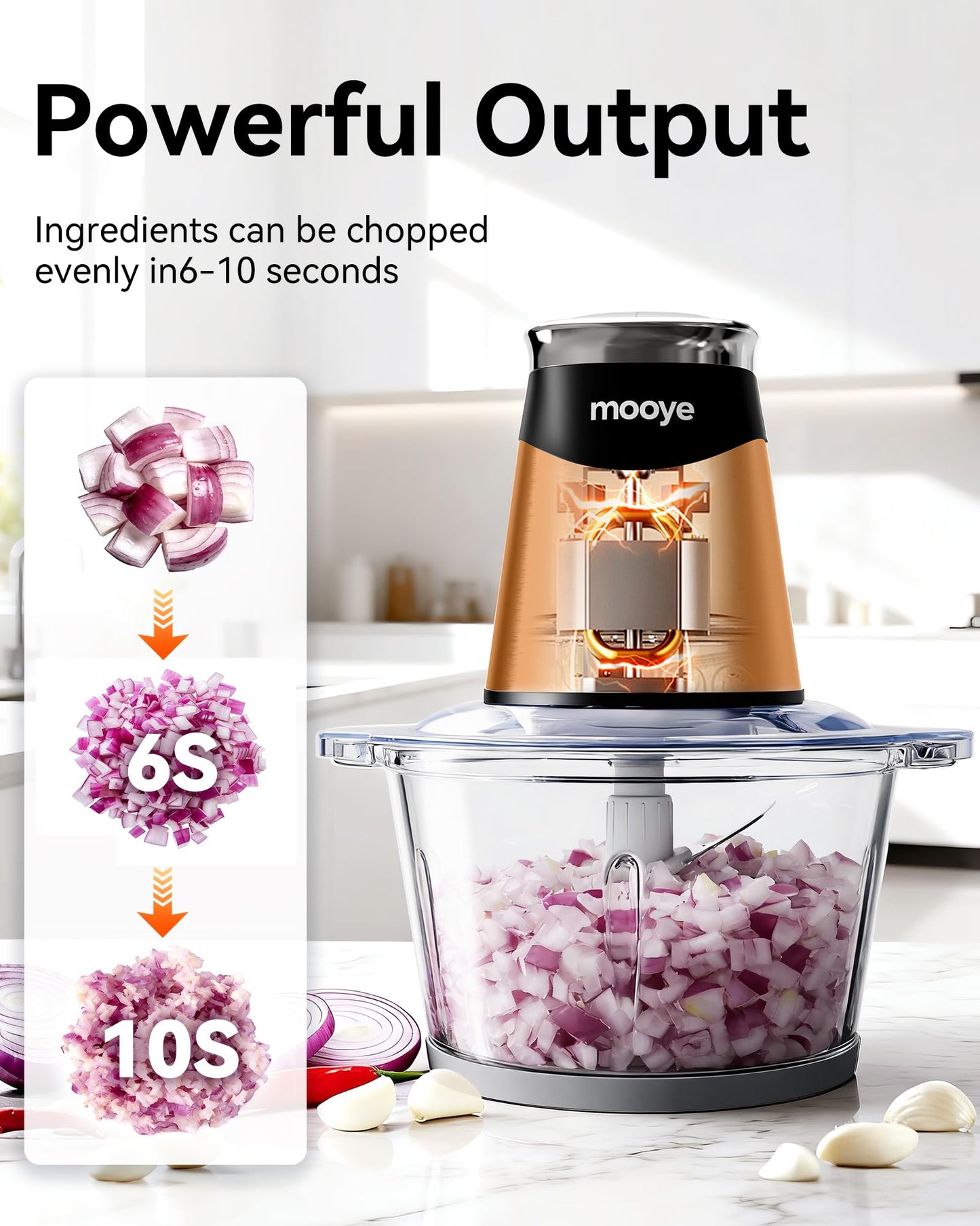 Mooye Food Processors Electric Food Chopper with Meat Grinder & Vegetable Chopper - 3 Bowls(8Cup+8Cup+3Cup) with Powerful Copper Motor - Includes 3 Sets of Bi-Level Blades for Fruits/Meat/Nuts