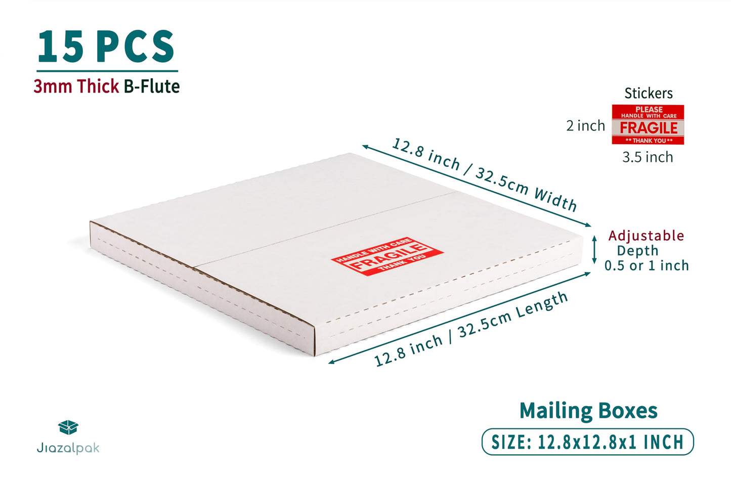 Jiazalpak White Vinyl Record Mailers 12.8x12.8x1-inch Easy-Fold Multi-Depth LP Albums Shipping Boxes with Fragile Stickers, 15 Pack