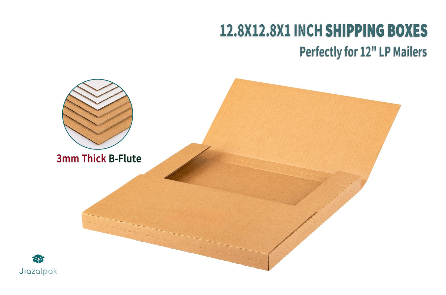 Jiazalpak 12-inch Vinyl Record Shipping Boxes, 12.8x12.8x1 inch, Easy-Fold, Multi-Depth LP Mailers with Fragile Stickers, Brown, 15 Pack