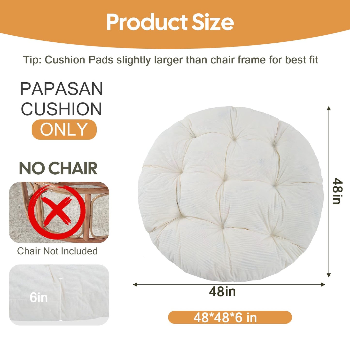 idee-home Papasan Chair Cushion, Circle Papasan Chair Cushion(Cushion Only) with Thick Corduroy Cover, 48 x 48 Inch Cushion for Egg Chair, Beige