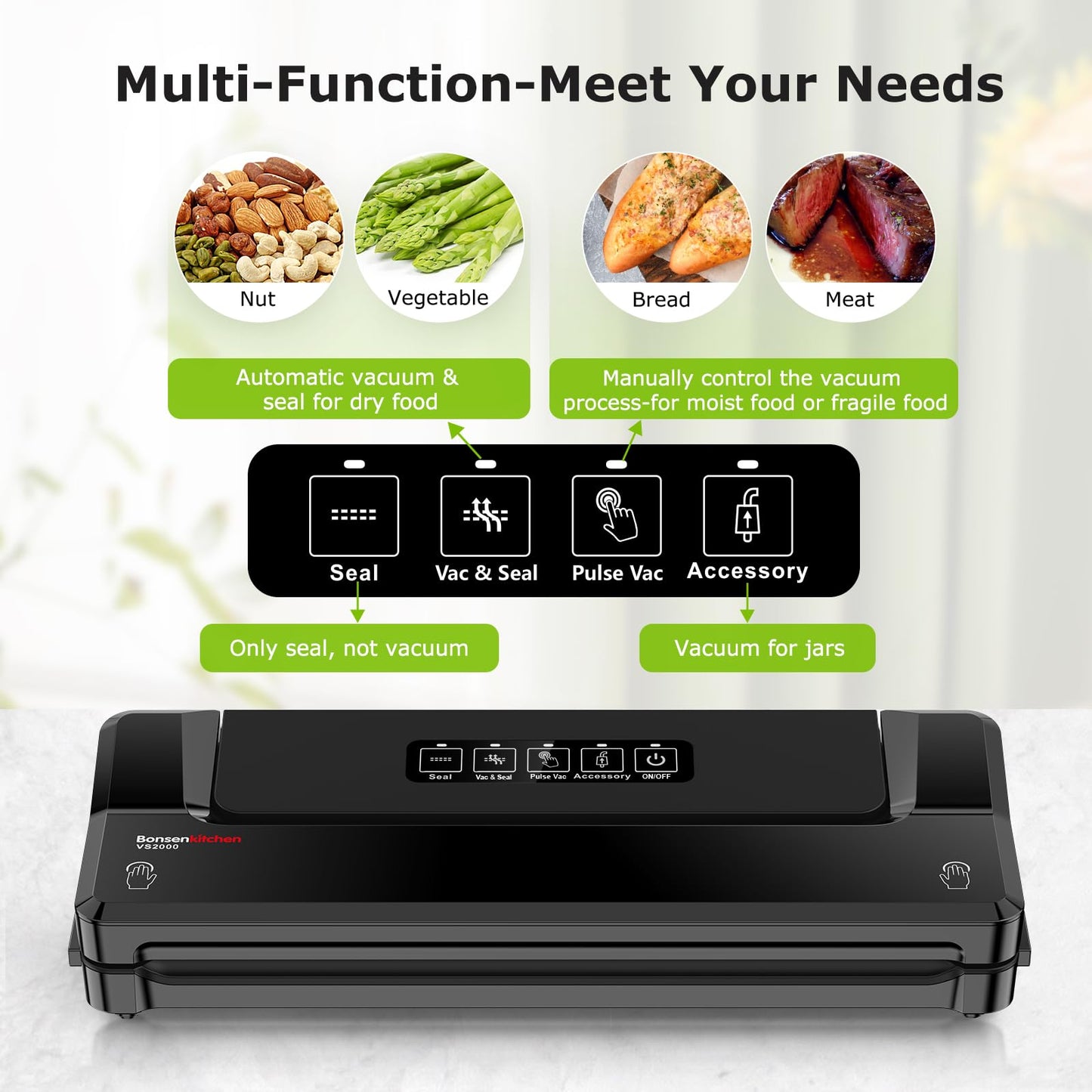 Bonsenkitchen Vacuum Sealer Machine | Compact Food Sealer for Kitchen Storage & Meal Prep | Multiple Modes | External Vacuum System | 5 Bags, Black