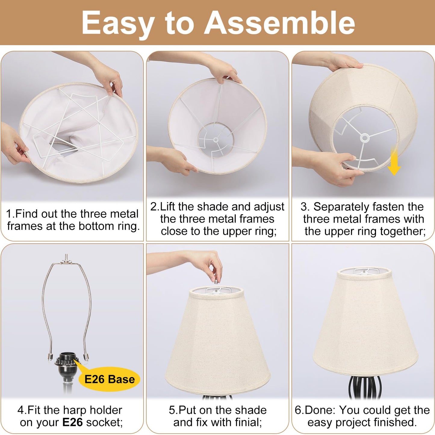 Bell Lamp Shades Set of 2, 6"Top x 13"Bottom x 10"High, Beige Shade Replacement for Table Lamps, Floor Lamps, Fabric Natural Linen Hand Crafted(Spider Fitter), Harp Holders Included, Assembly Required