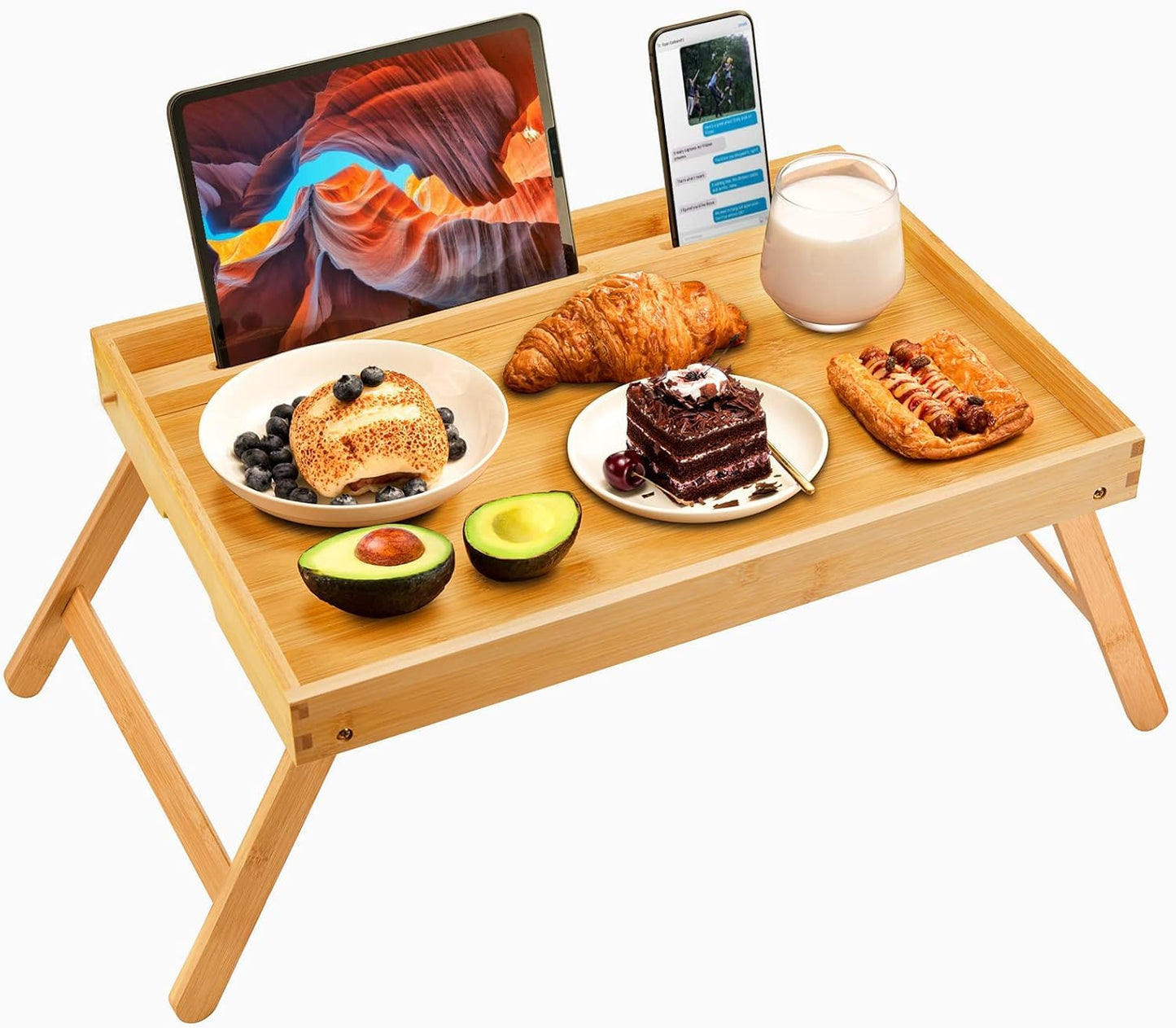 Bamboo Bed Tray Table, Large Breakfast Tray with Folding Legs, Multipurpose Serving Tray Use As Portable Laptop Snack Table, for Working, Eating, Reading by Pipishell