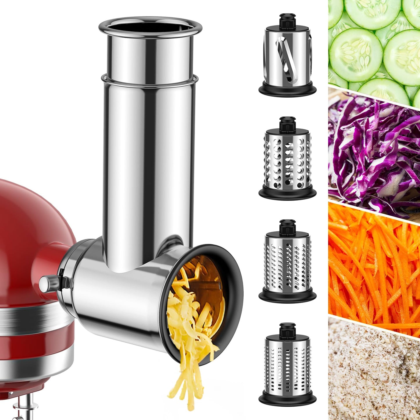 Stainless Steel Cheese Grater for Kitchenaid Mixer, For Kitchenaid Cheese Grater Attachment, Salad Maker, Grinding Powder, Dishwasher Safe with 4 Blades