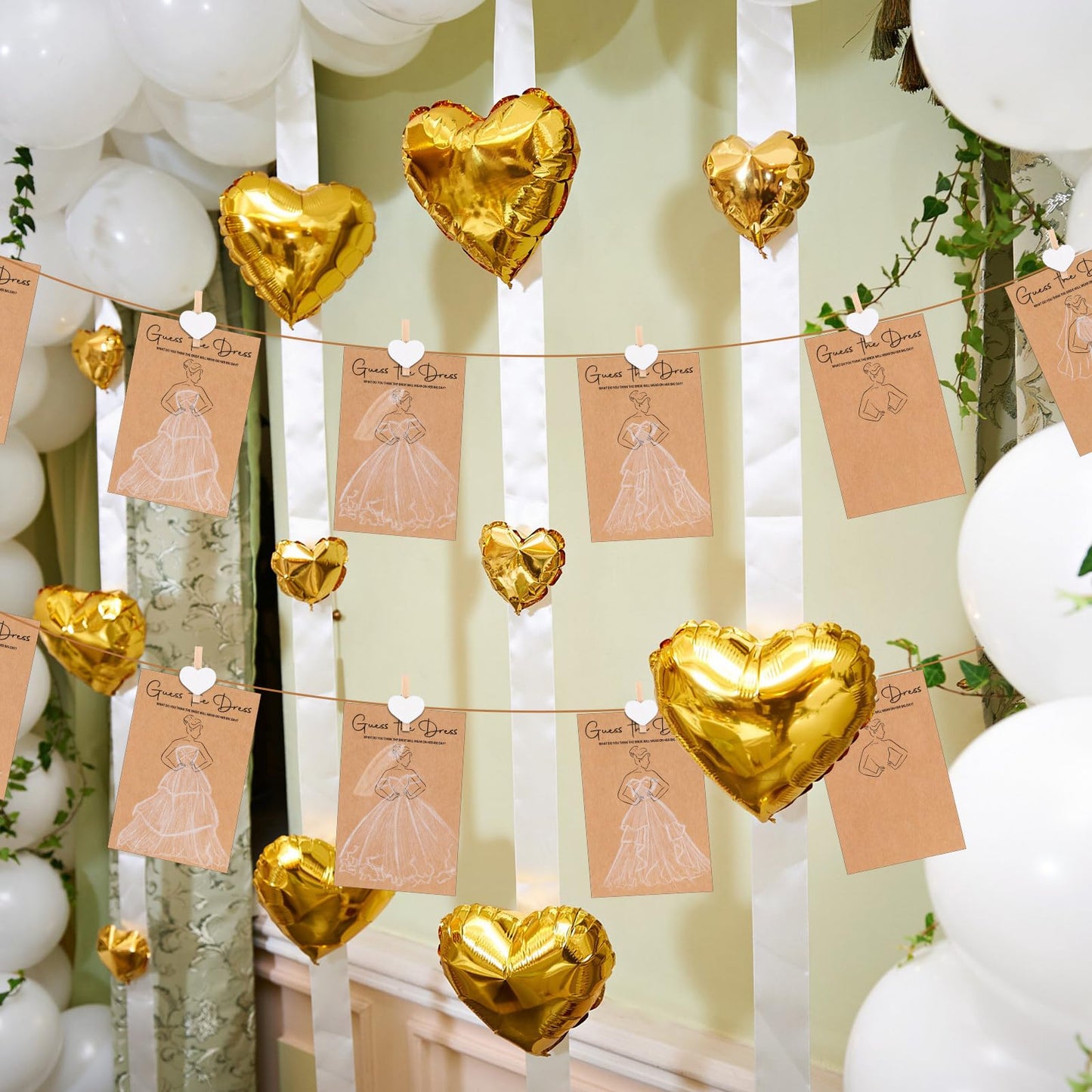 Sinload 50 Sets Guess the Dress Bridal Shower Games for Guests Wedding Shower Games Cards Water Soluble Pencils with Fun Heart Wooden Clip and 1 String Rope Wedding Party Supplies Games Ideas
