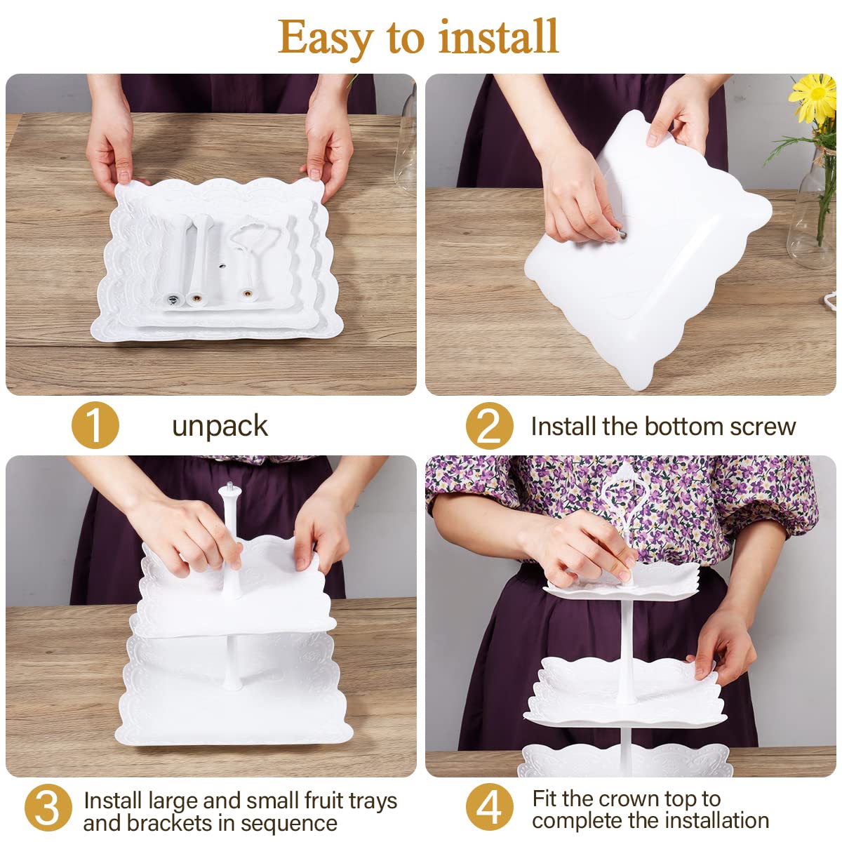 10 Pcs Cake Stand White Plastic Dessert Table Display Set 4 Pcs 3 Tired Cupcake Stand Cookie Tray Rack Serving Tray Cake Display Tower and 6 Pcs Dessert Trays for Wedding Baby Shower Tea Party