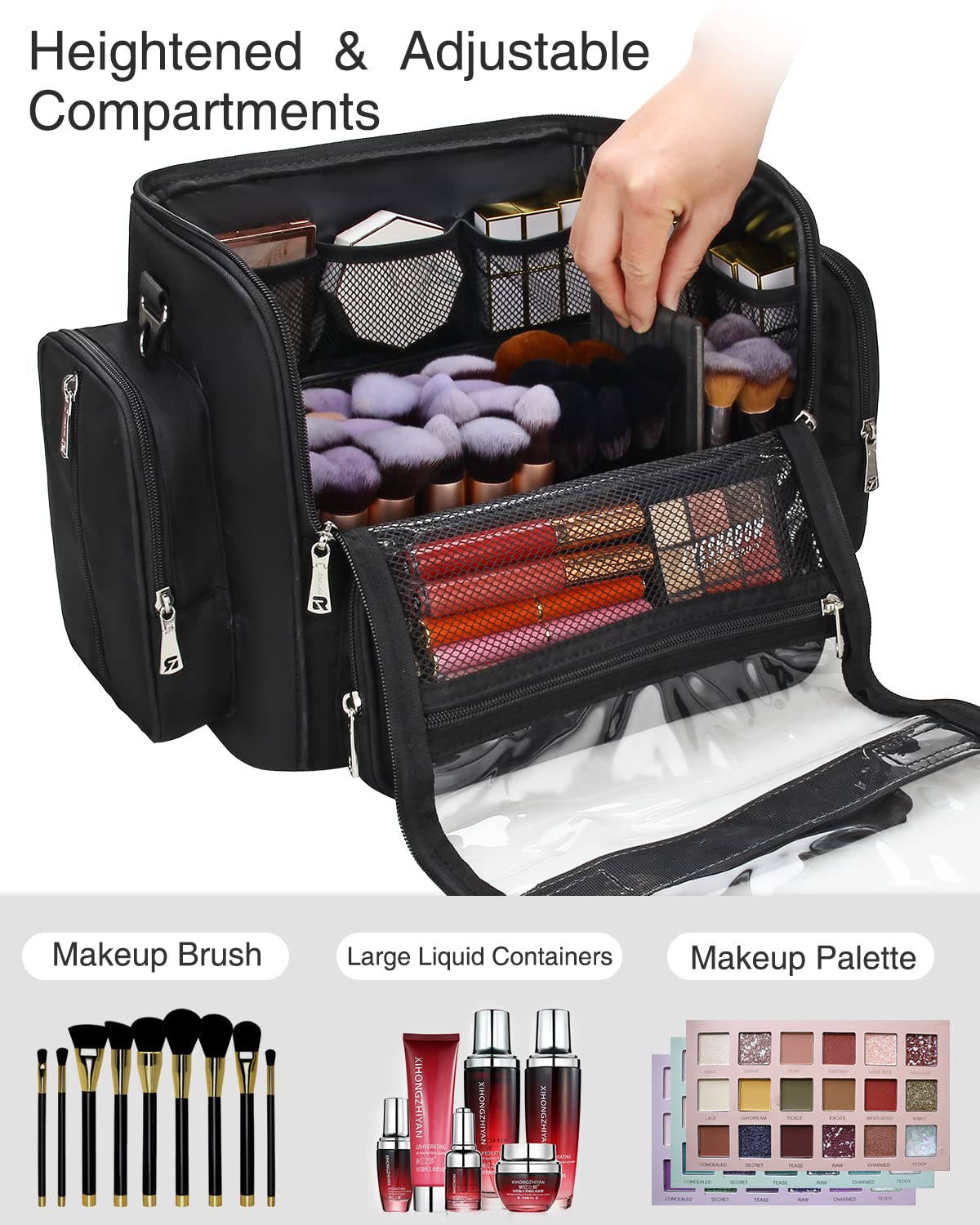 Makeup Brush Bag, Clear Makeup Brush Holder with Lid, Extra Large Capacity Travel Cosmetic Bag Makeup Artist Must Haves, Black Makeup Case, Make Up Organizers and Storage, with Adjustable Dividers