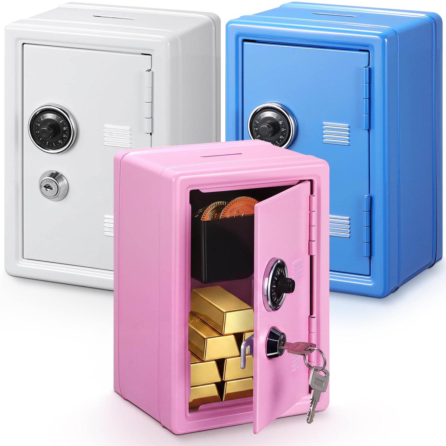 Zonon 3 Pcs Mini Safe Piggy Bank for Kids, Metal Locker Toy Safe Box for Boys Girls Money Cash Coin, Steel Money Saving Box with Lock 2 Keys Coin Tray 7. 1"x 4. 7"x 3. 9"(Blue, Pink, Ivory White)