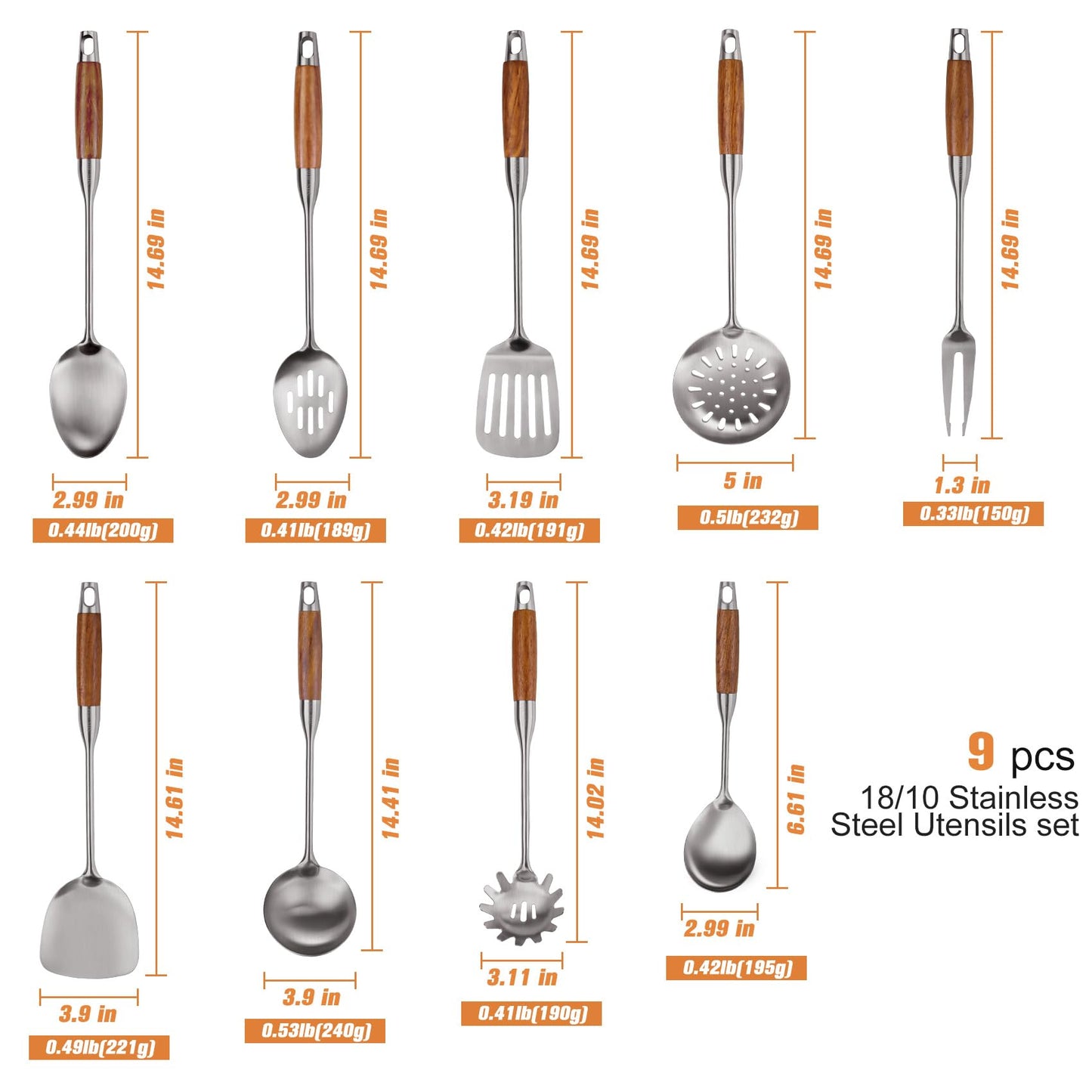 9 PCS 304 Stainless Steel Cooking Utensils set with Wooden Handle, Metal Kitchen Utensils Set, Large Heat Resistant Wooden Handle Kitchen Tools, Stainless Steel Wok Spatula