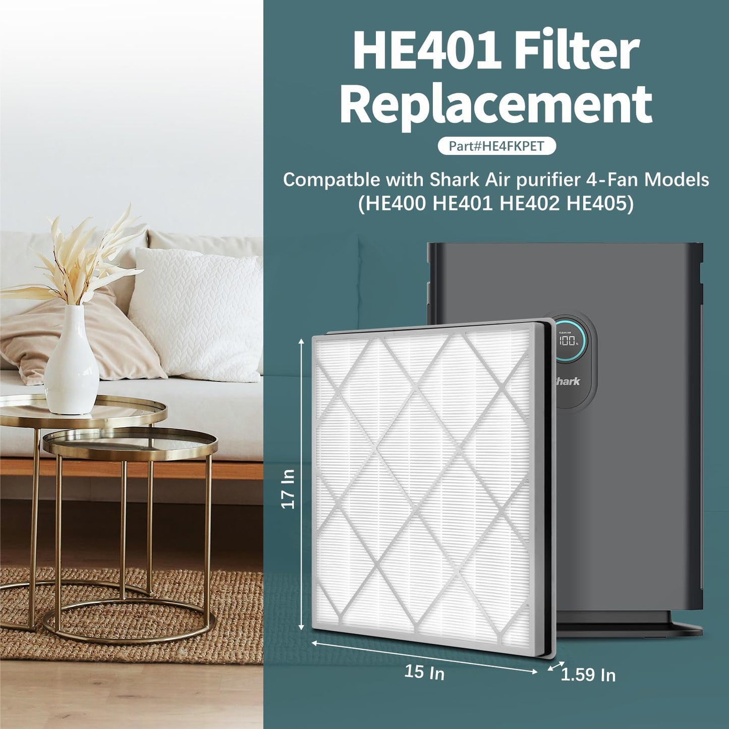 2 Pack HE400 Filter Replacement for Shark Air Purifier 4, Compatible with Shark HE400 HE401 HE402 HE405 Filter Replacement, 3-In-1 Activated Carbon Filter and H13 True HEPA Filter