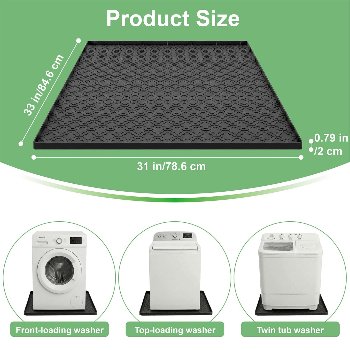 YLNJT 33x31 Inch Silicone Washing Machine Drain Pan – Fits Most Standard & Large Washers (4.0–5.0 cu. ft.), Waterproof Silicone Leak Mat, Anti-Vibration Floor Protector (Black)